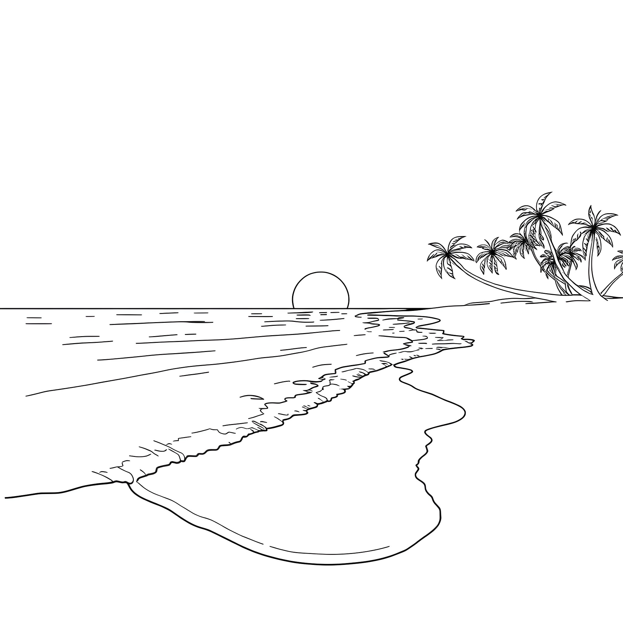 Sunset by the beach with palm trees Coloring Page (free black-and-white line drawing printable PDF for all, from beginners to advanced learners, including children, teens, adults, and seniors)