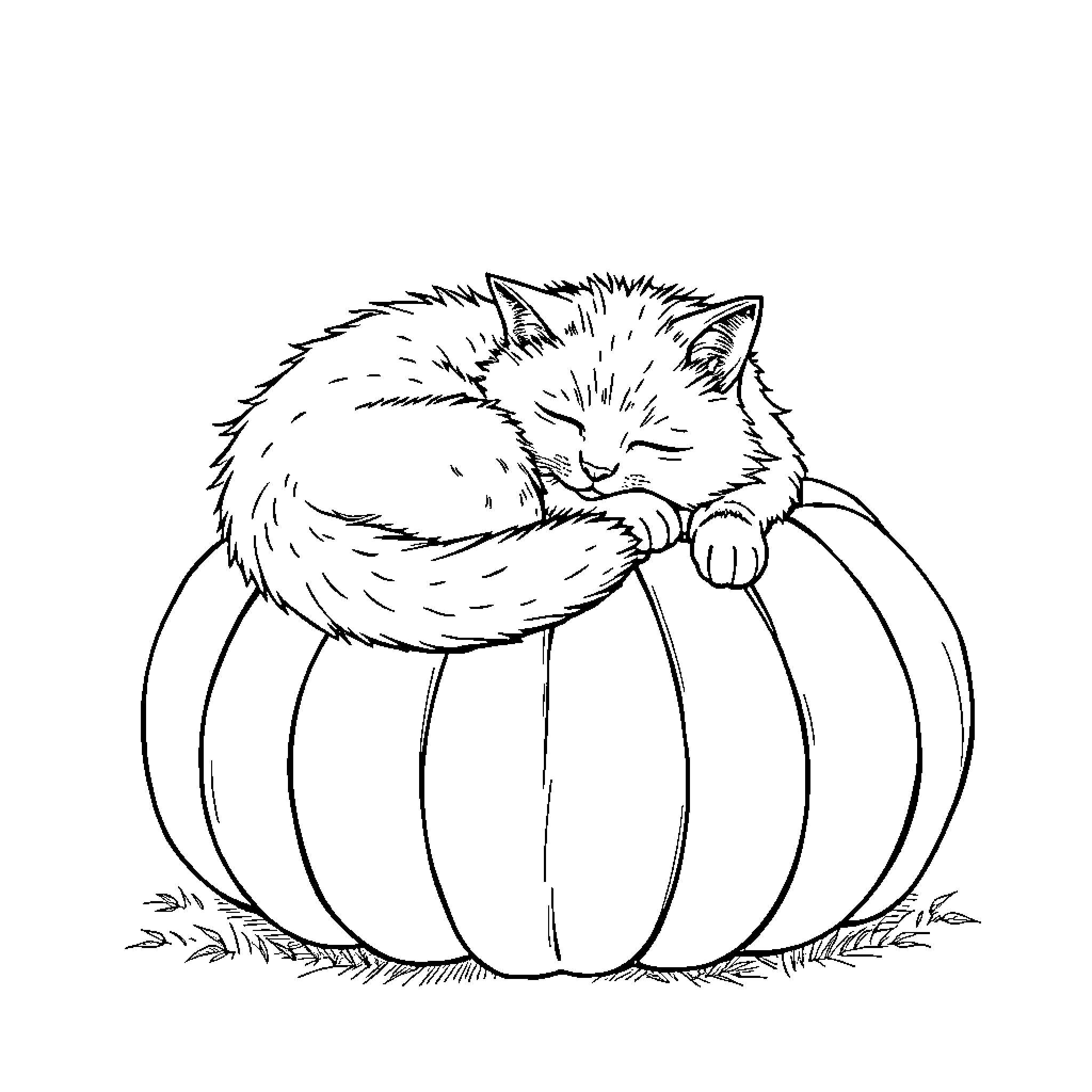 Cat napping on a pumpkin Coloring Page (free black-and-white line drawing printable PDF for all, from beginners to advanced learners, including children, teens, adults, and seniors)