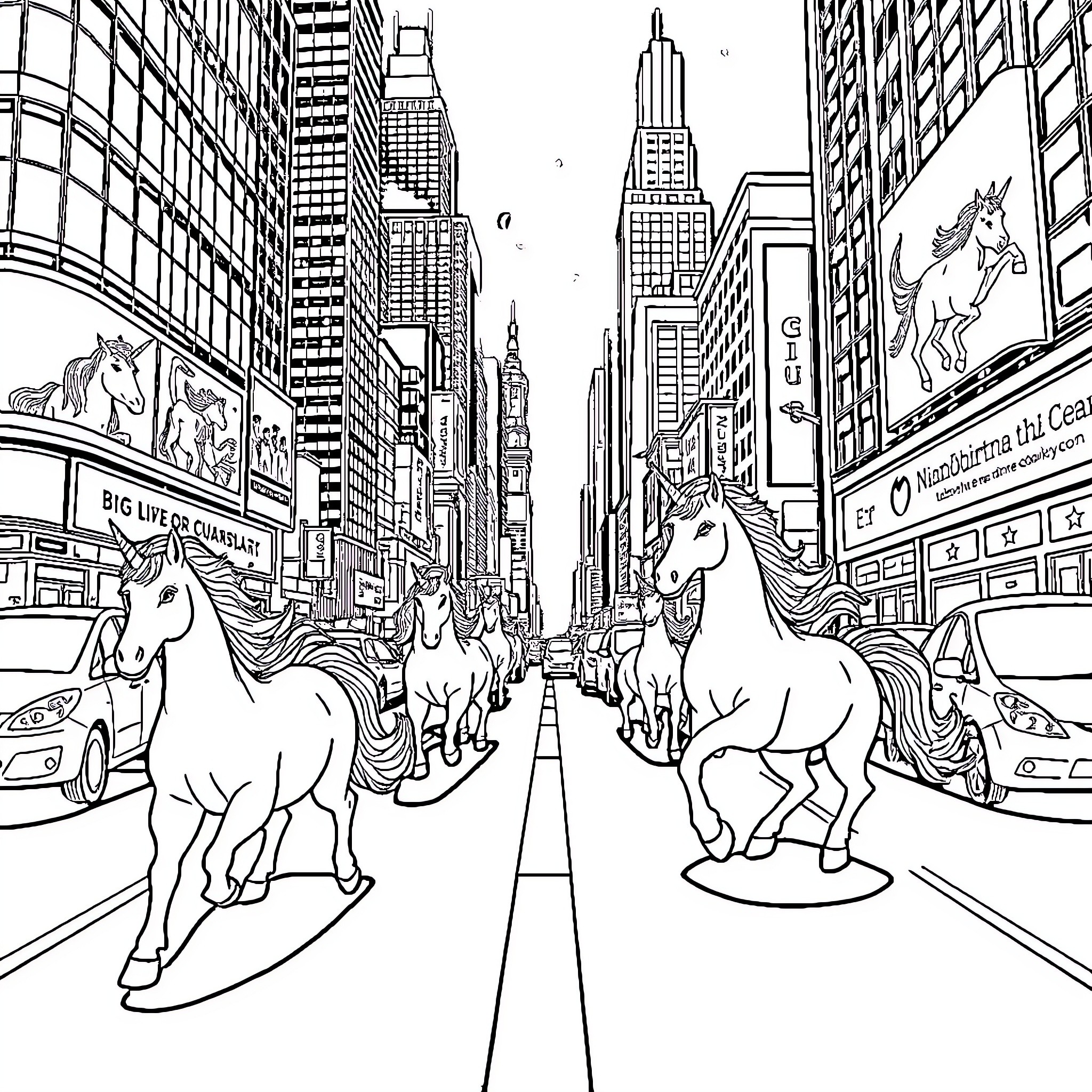 Unicorn Parade in the City Streets Coloring Page (free black-and-white line drawing printable PDF for all, from beginners to advanced learners, including children, teens, adults, and seniors)