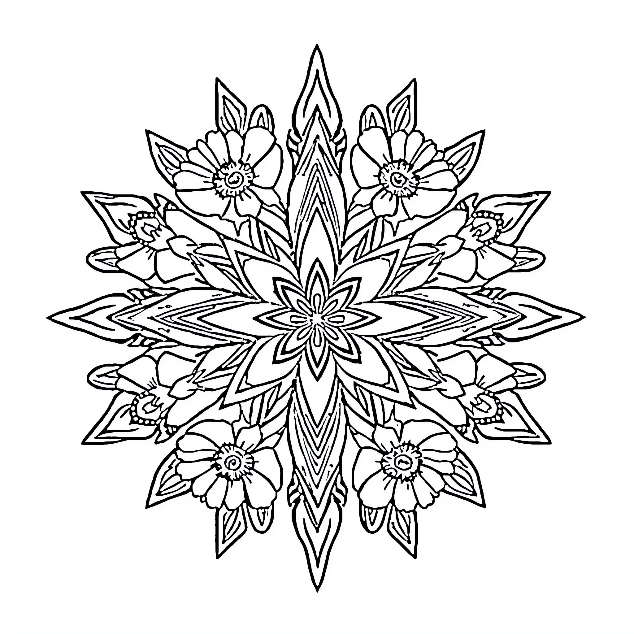 Mandala with intricate floral designs Coloring Page (free black-and-white line drawing printable PDF for all, from beginners to advanced learners, including children, teens, adults, and seniors)