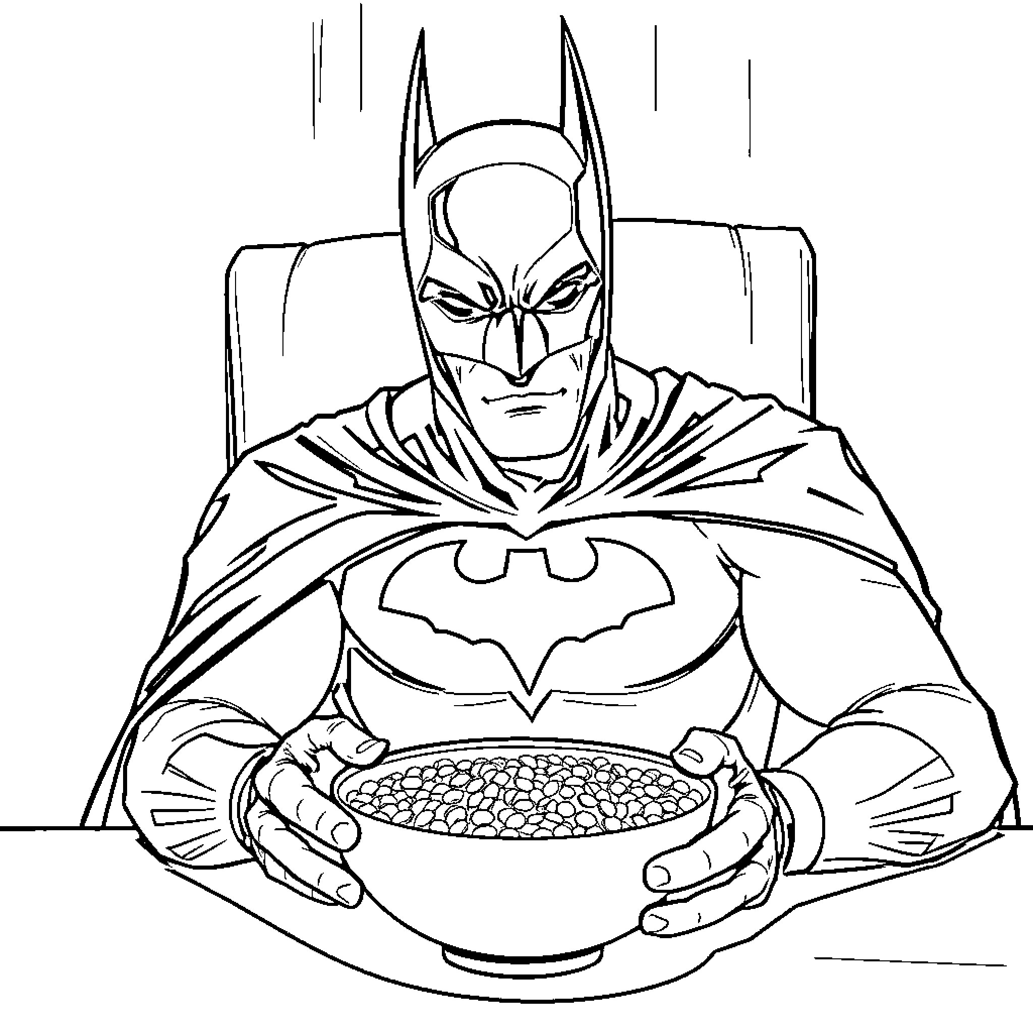 Batman eating cereal in a heroic pose Coloring Page (free black-and-white line drawing printable PDF for all, from beginners to advanced learners, including children, teens, adults, and seniors)