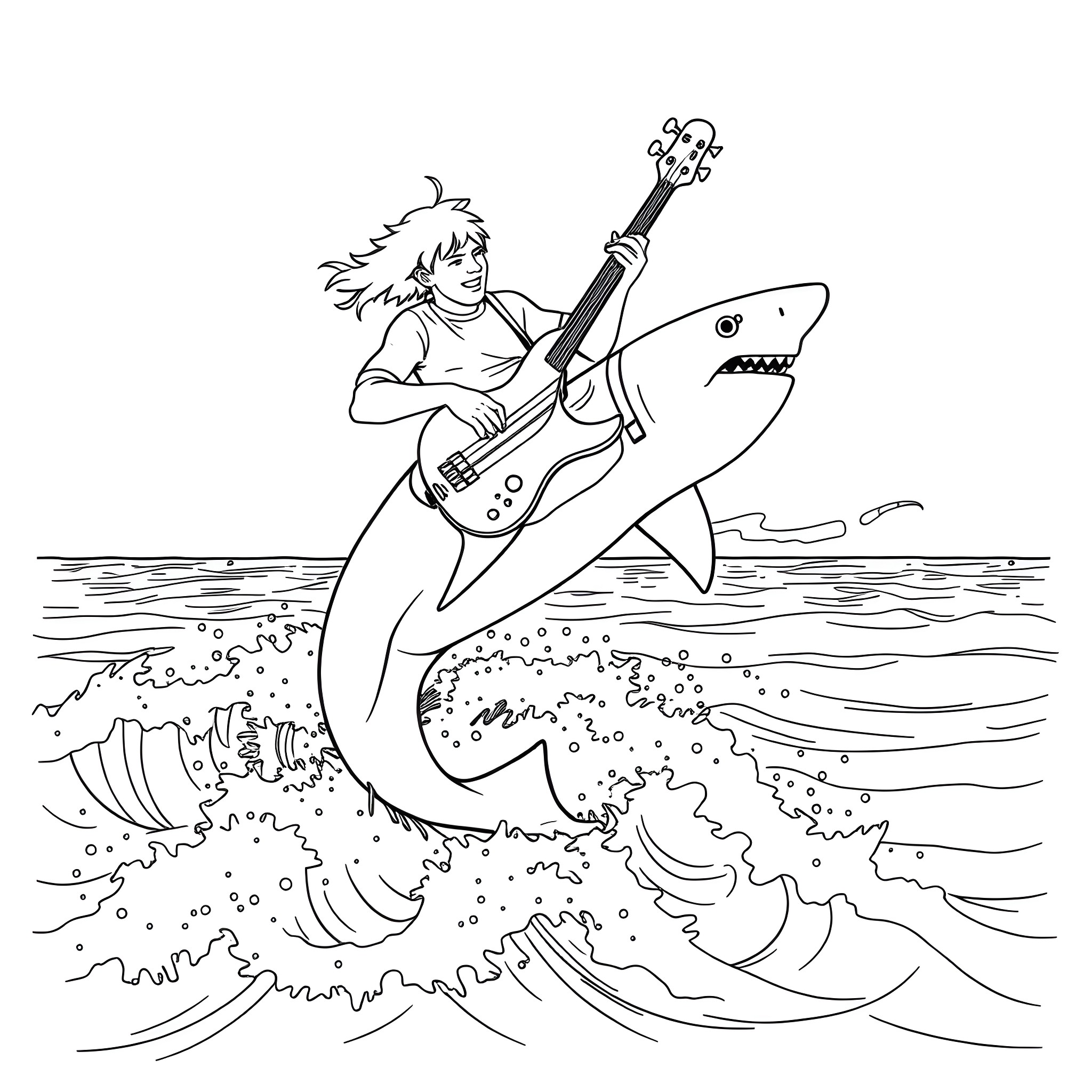 Man playing guitar while riding a shark Coloring Page (free black-and-white line drawing printable PDF for all, from beginners to advanced learners, including children, teens, adults, and seniors)