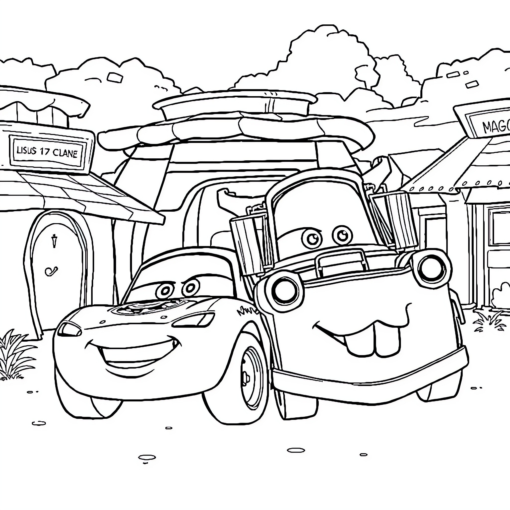 McQueen and Mater in a Lively Scene Coloring Page (free black-and-white line drawing printable PDF for all, from beginners to advanced learners, including children, teens, adults, and seniors)