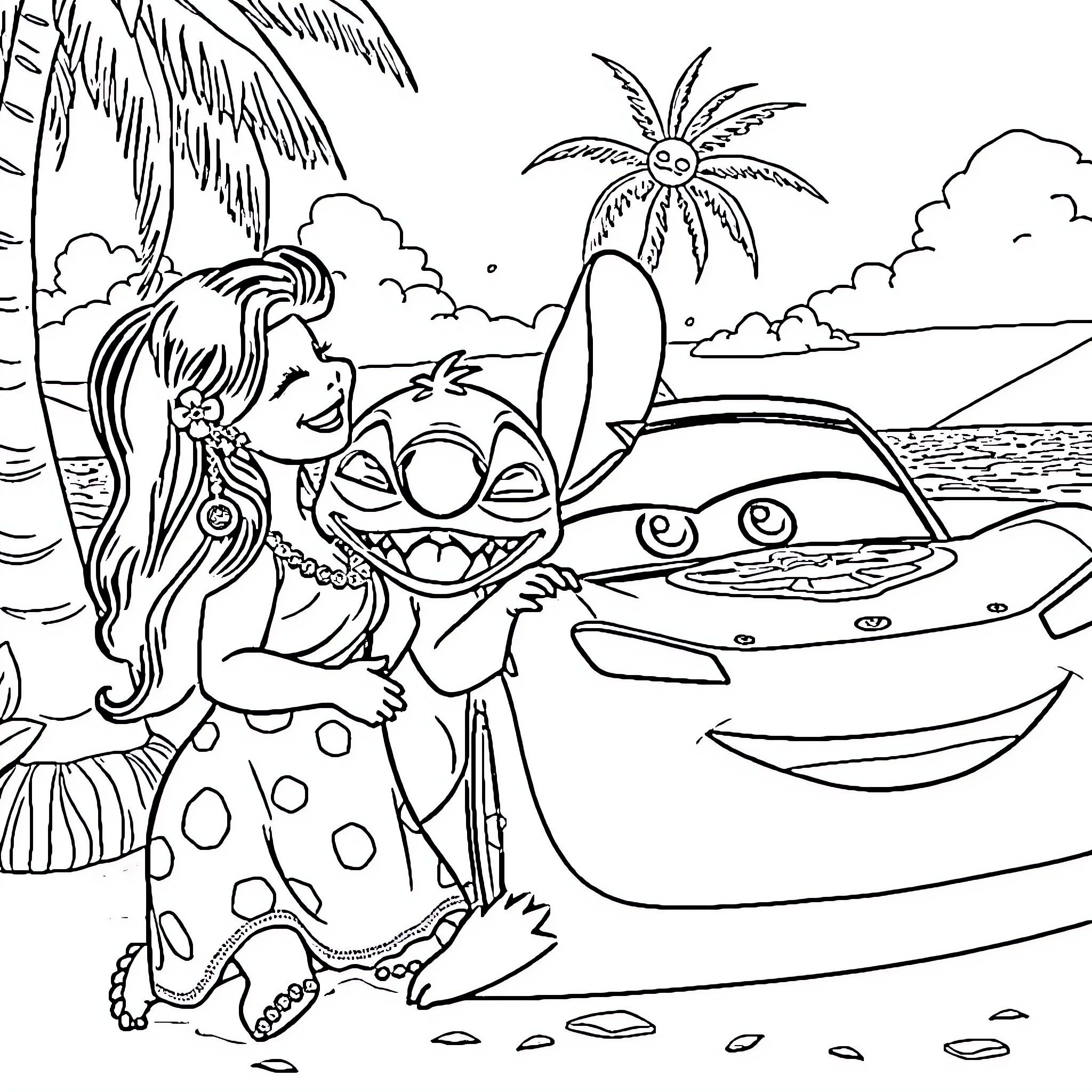 Lilo And Stitch enjoying a beach day with friends Coloring Page (free black-and-white line drawing printable PDF for all, from beginners to advanced learners, including children, teens, adults, and seniors)