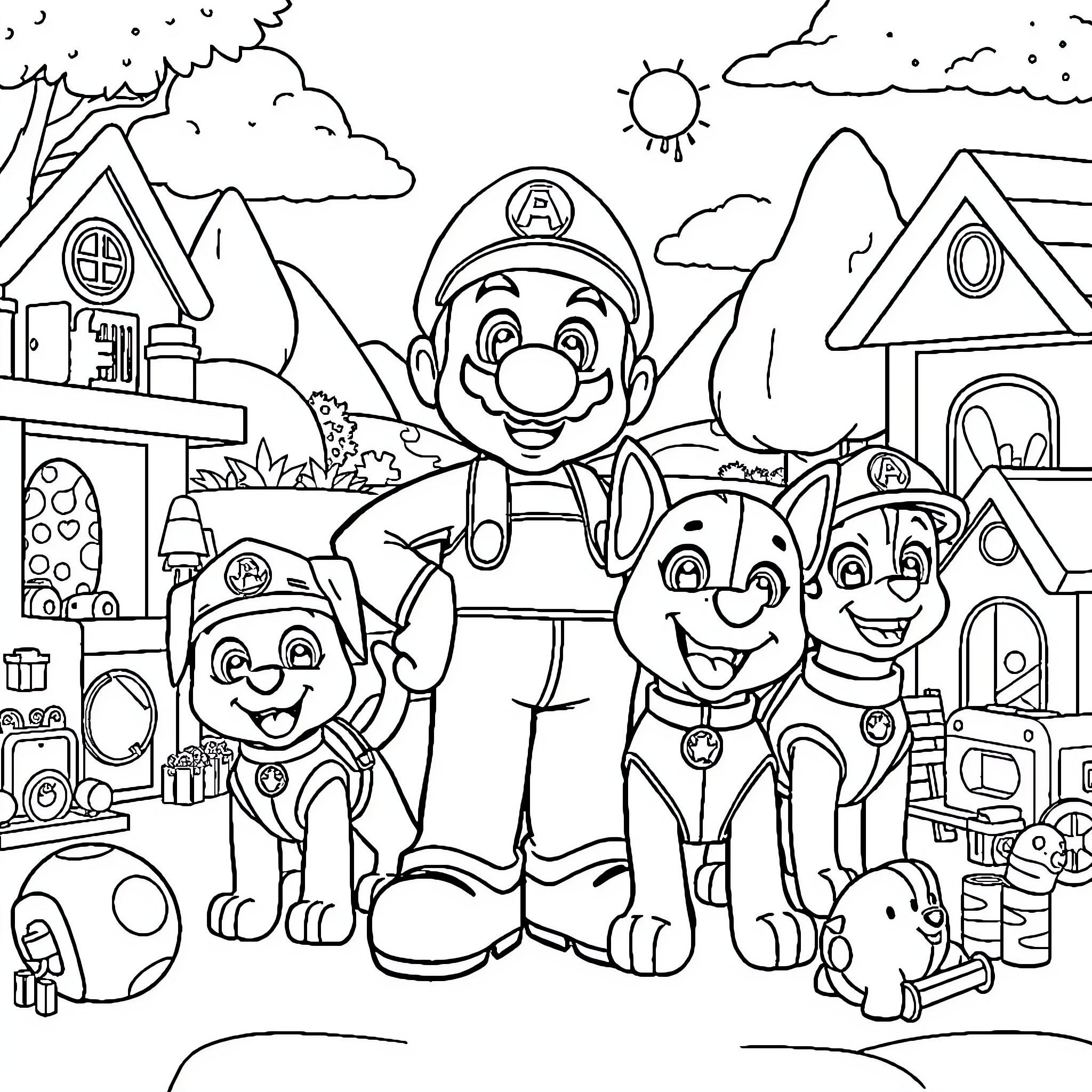 Mario and his animal friends explore the countryside Coloring Page (free black-and-white line drawing printable PDF for all, from beginners to advanced learners, including children, teens, adults, and seniors)