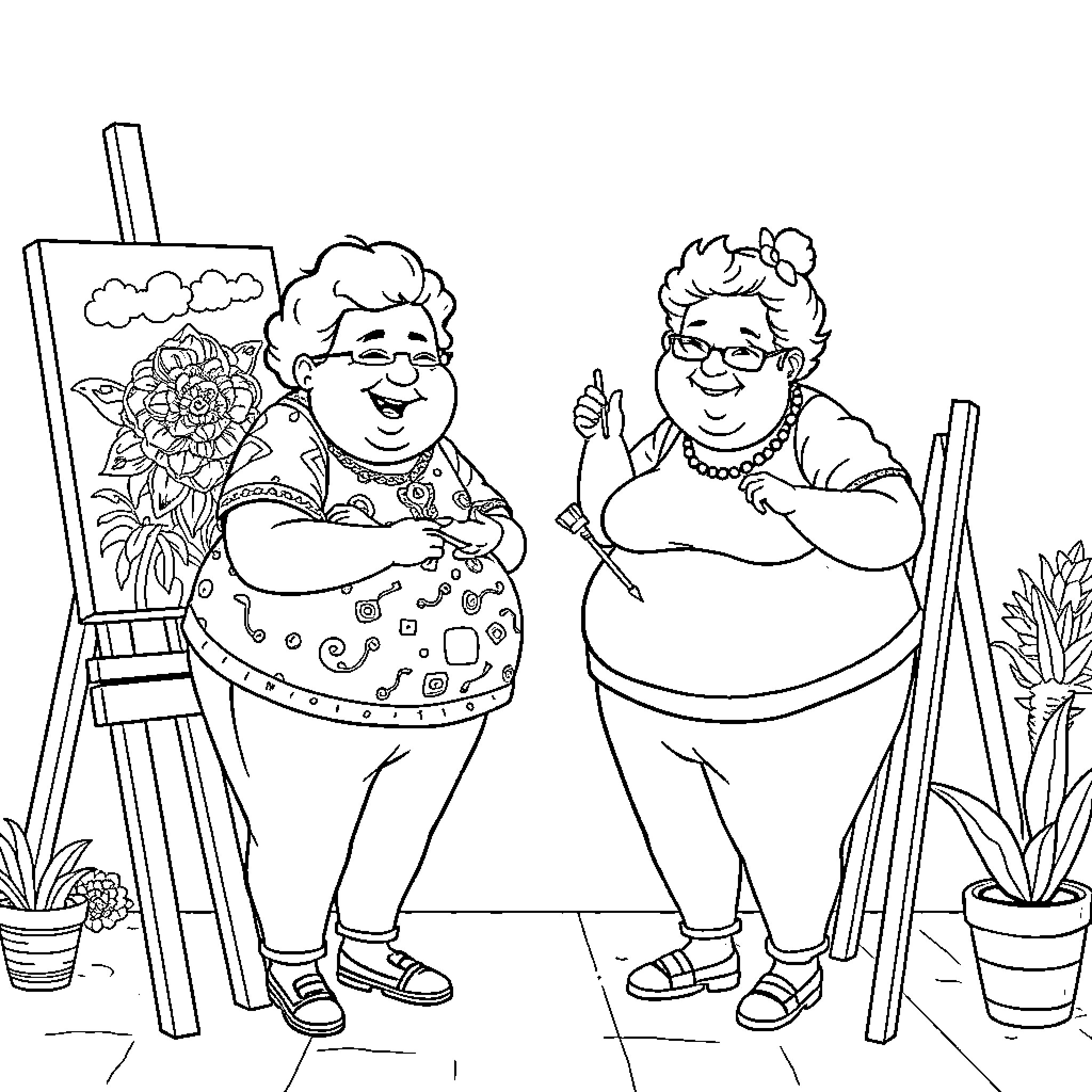 Ladies Painting Colorful Artwork in the Garden Coloring Page (free black-and-white line drawing printable PDF for all, from beginners to advanced learners, including children, teens, adults, and seniors)