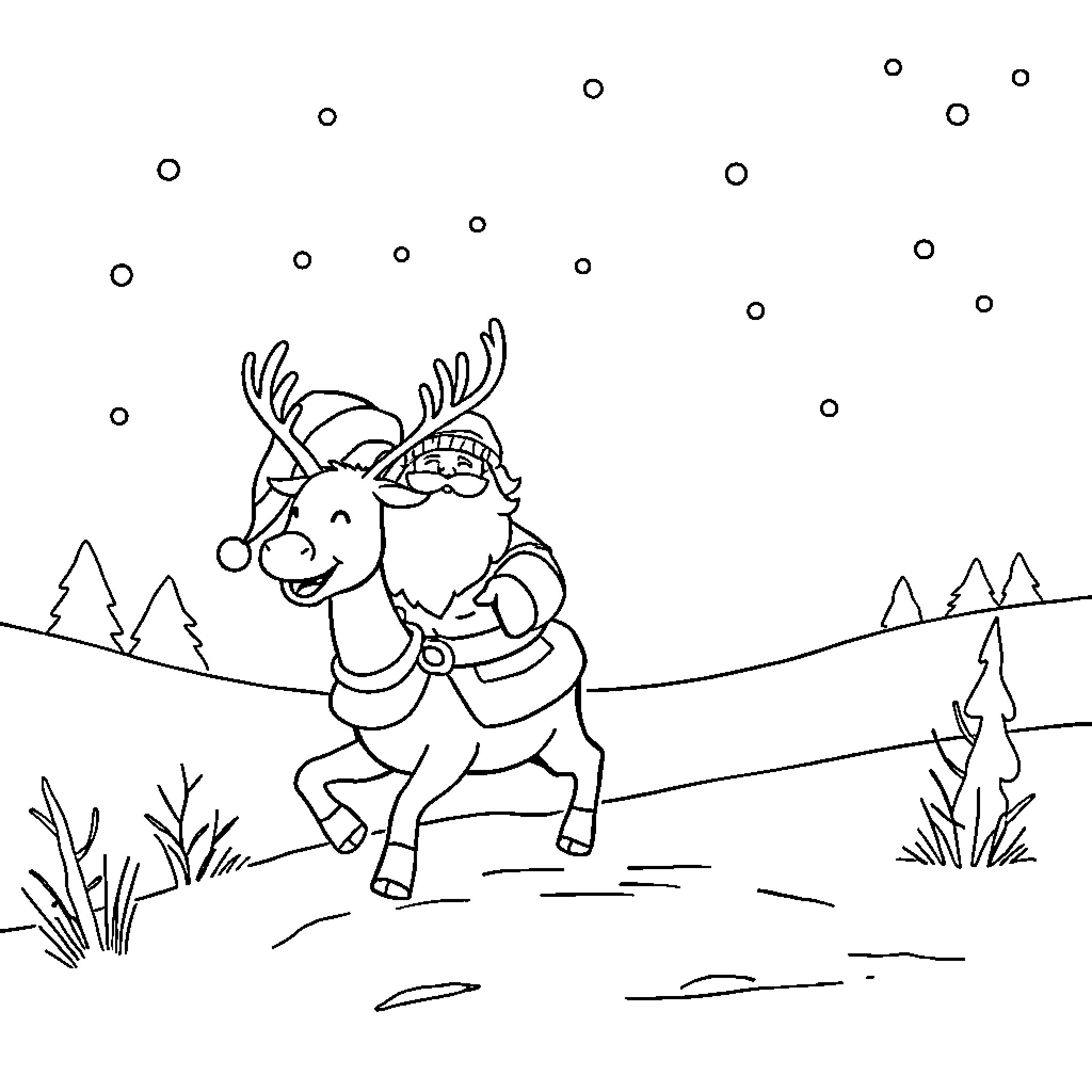 Santa's Joyful Reindeer Dance in the Snowy Landscape Coloring Page (free black-and-white line drawing printable PDF for all, from beginners to advanced learners, including children, teens, adults, and seniors)