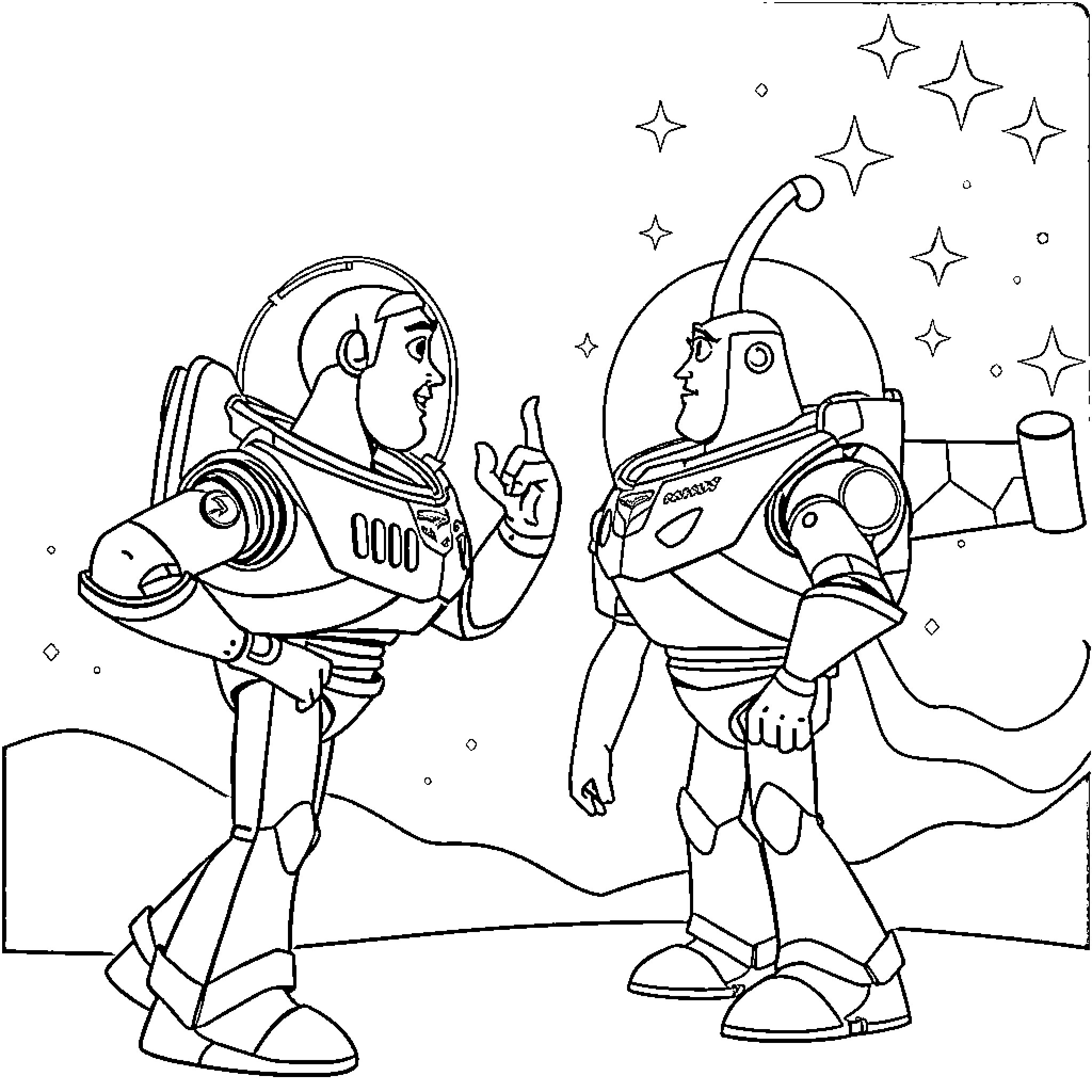 Buzz Lightyear on an intergalactic adventure Coloring Page (free black-and-white line drawing printable PDF for all, from beginners to advanced learners, including children, teens, adults, and seniors)