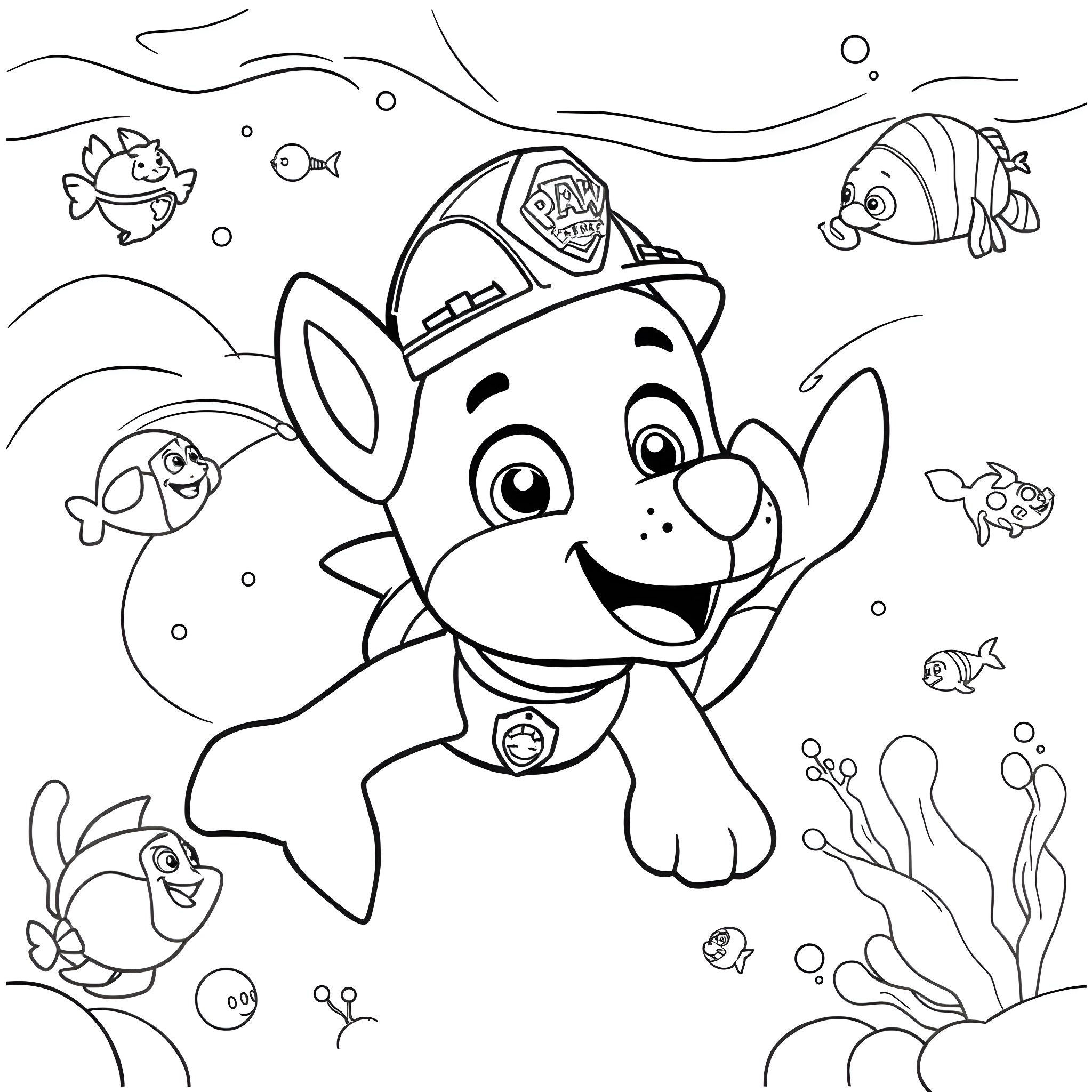 Marshall the Puppy Explores the Underwater World Coloring Page (free black-and-white line drawing printable PDF for all, from beginners to advanced learners, including children, teens, adults, and seniors)
