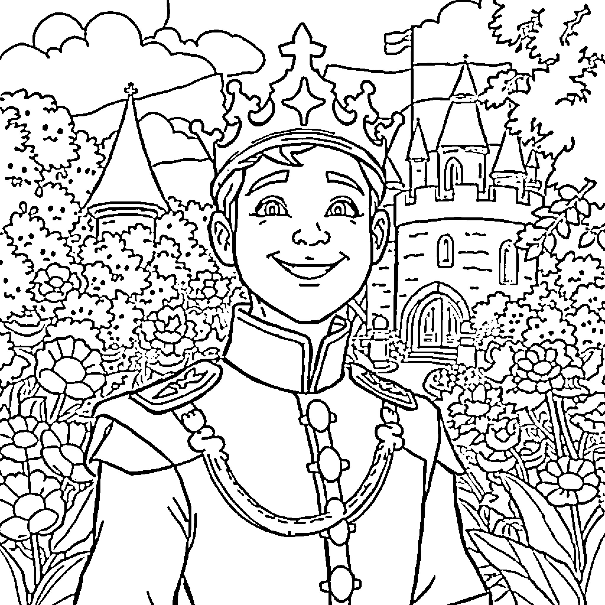 Prince's Whimsical Adventure in a Fantastical Realm Coloring Page (free black-and-white line drawing printable PDF for all, from beginners to advanced learners, including children, teens, adults, and seniors)