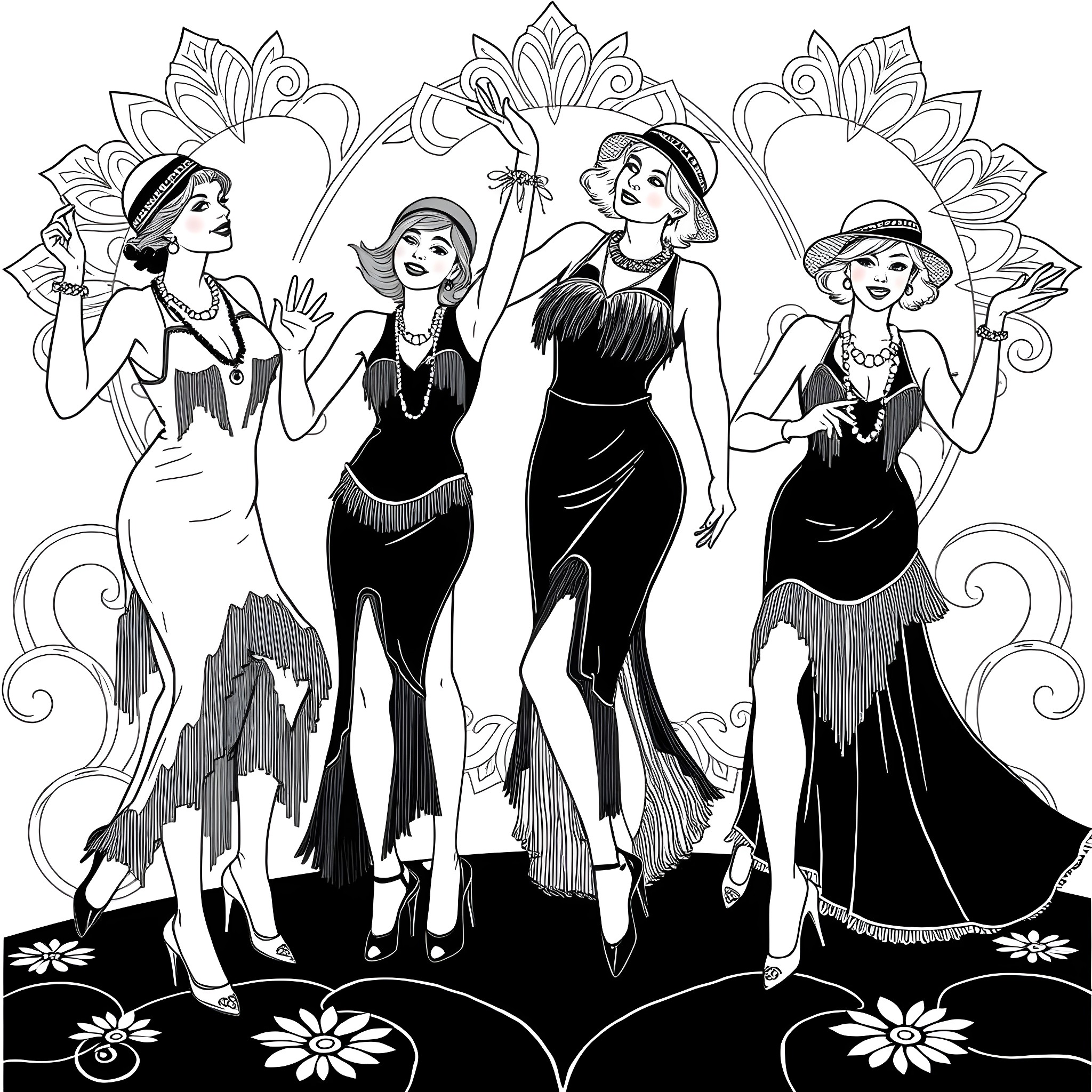 Women in glamorous 1920s-style dresses posing together Coloring Page (free black-and-white line drawing printable PDF for all, from beginners to advanced learners, including children, teens, adults, and seniors)
