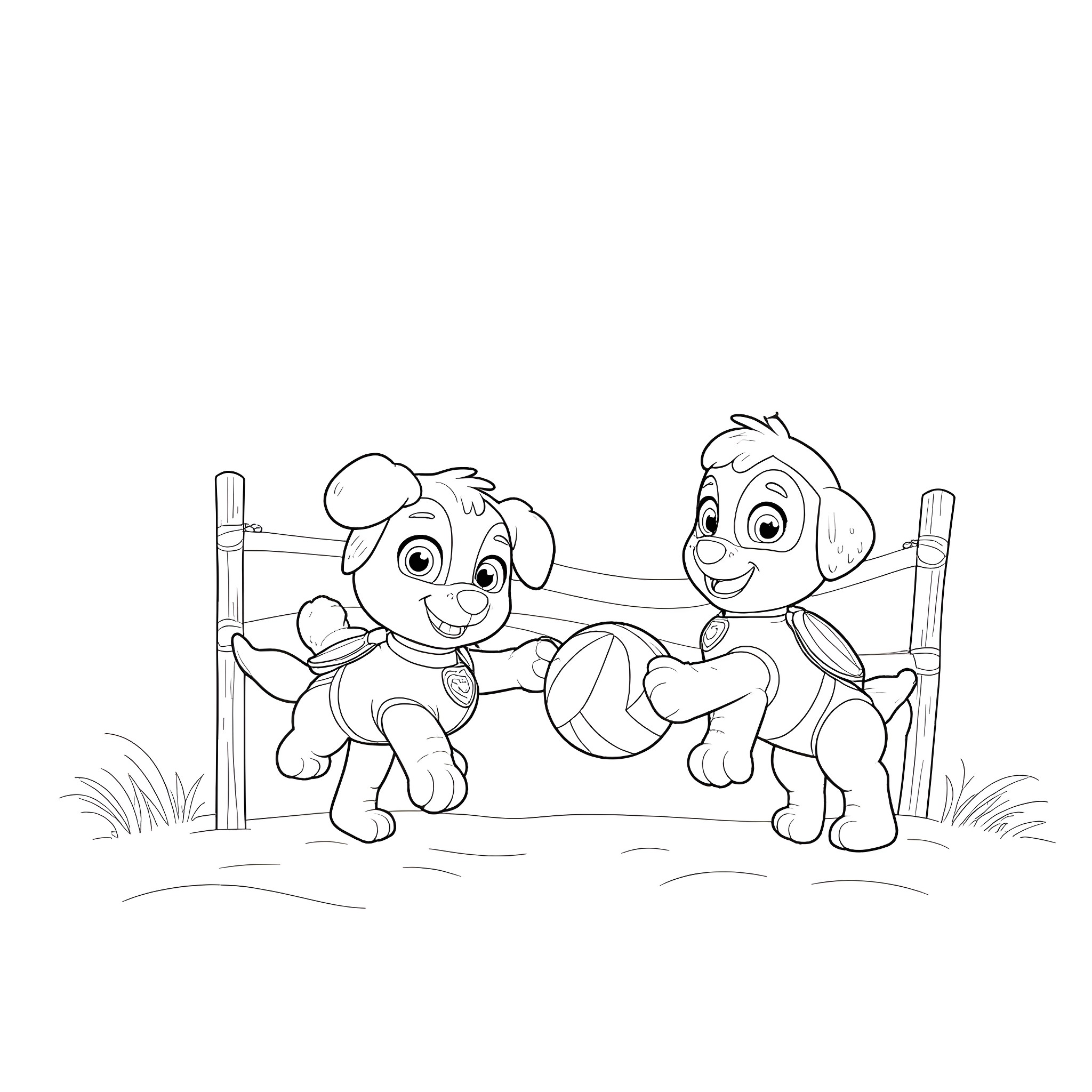 Paw Patrol Puppies Playing with Ball Coloring Page (free black-and-white line drawing printable PDF for all, from beginners to advanced learners, including children, teens, adults, and seniors)