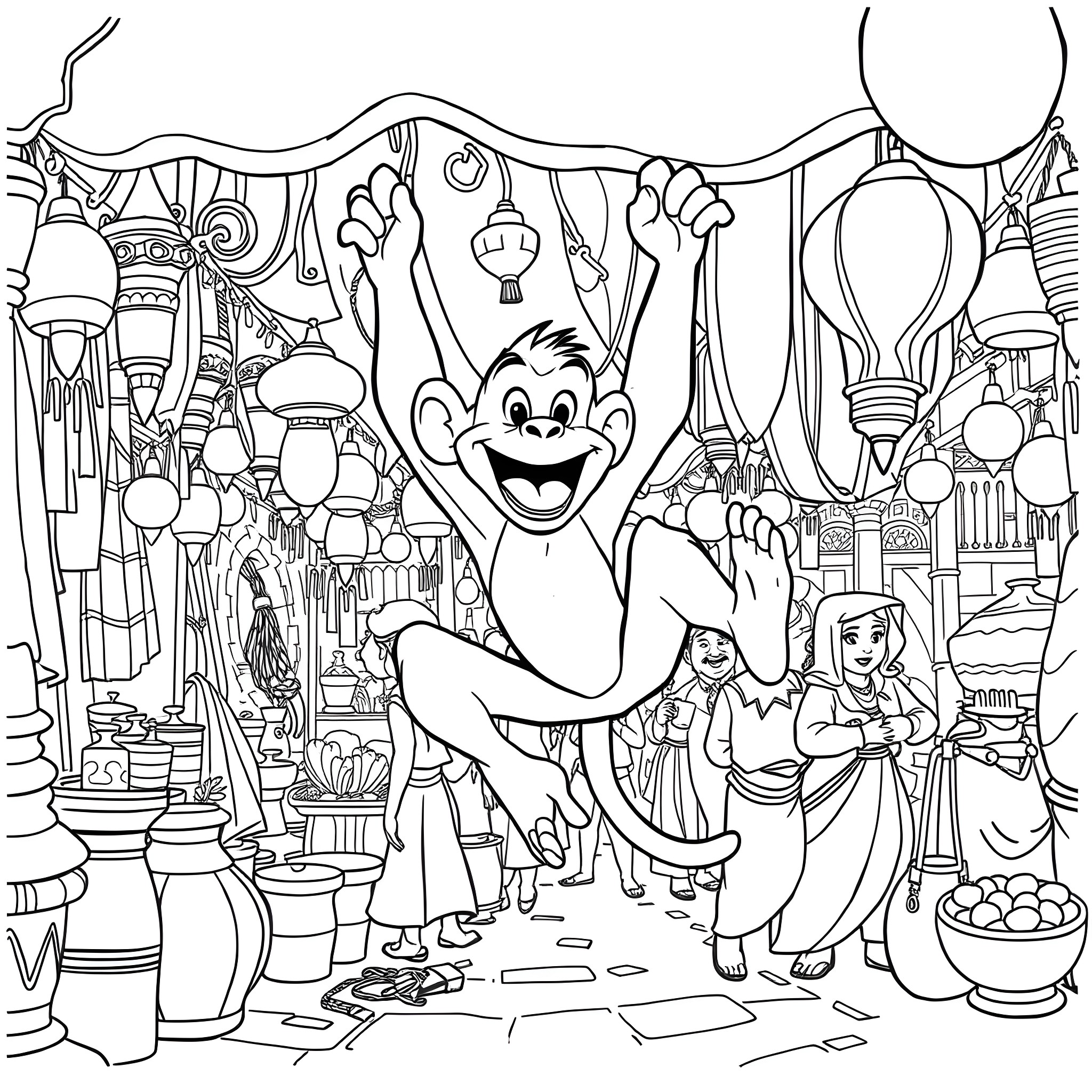 Abu the Mischievous Monkey Explores the Lively Marketplace Coloring Page (free black-and-white line drawing printable PDF for all, from beginners to advanced learners, including children, teens, adults, and seniors)