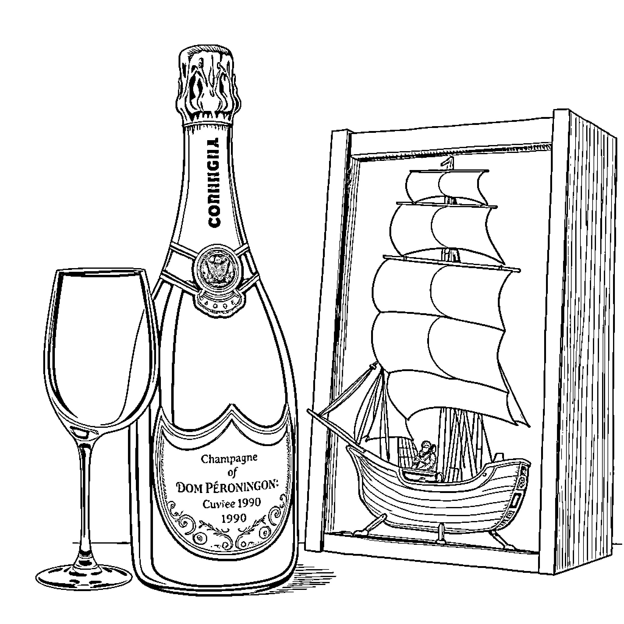Champagne and ship-in-a-box celebration Coloring Page (free black-and-white line drawing printable PDF for all, from beginners to advanced learners, including children, teens, adults, and seniors)