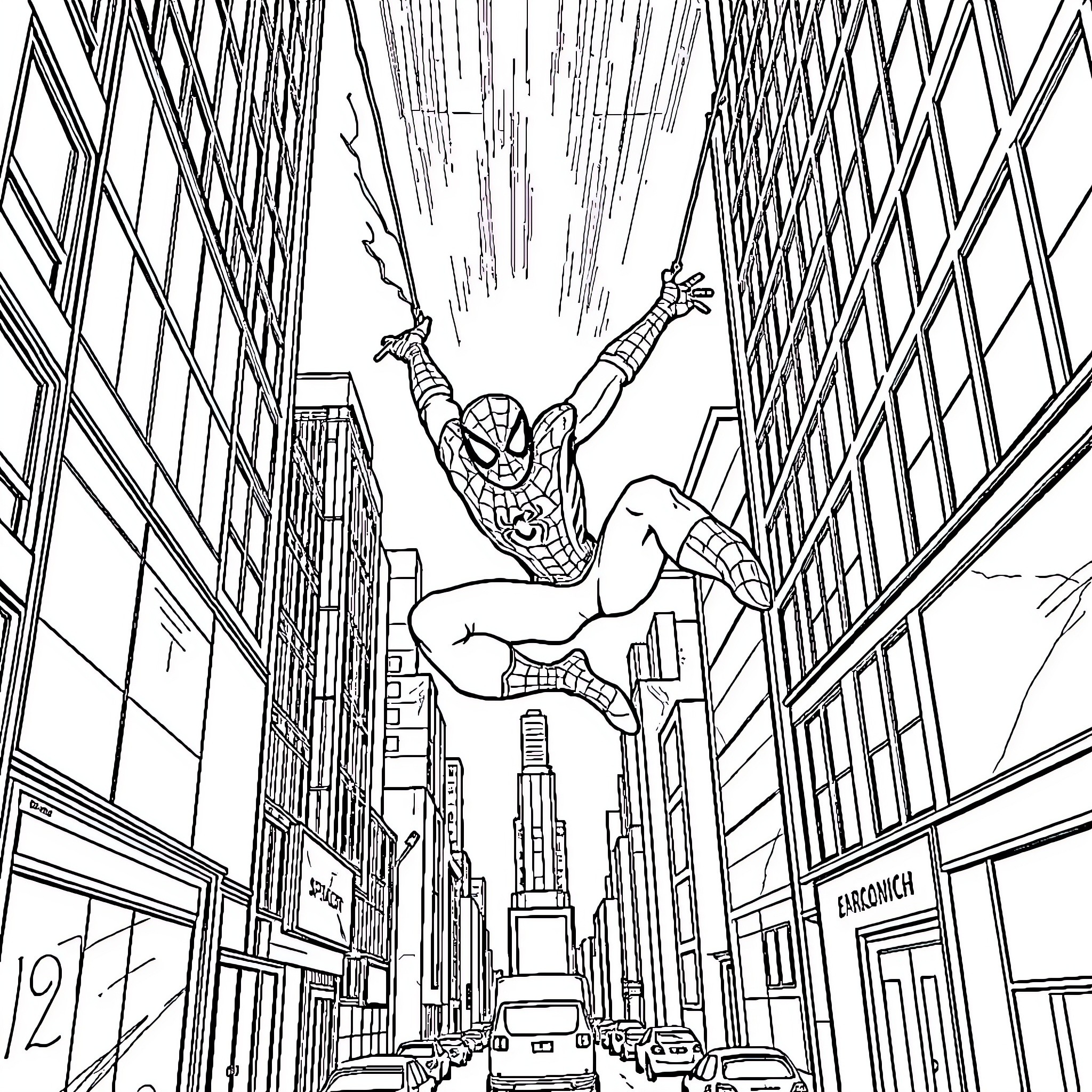 Spiderman swinging through the city streets Coloring Page (free black-and-white line drawing printable PDF for all, from beginners to advanced learners, including children, teens, adults, and seniors)