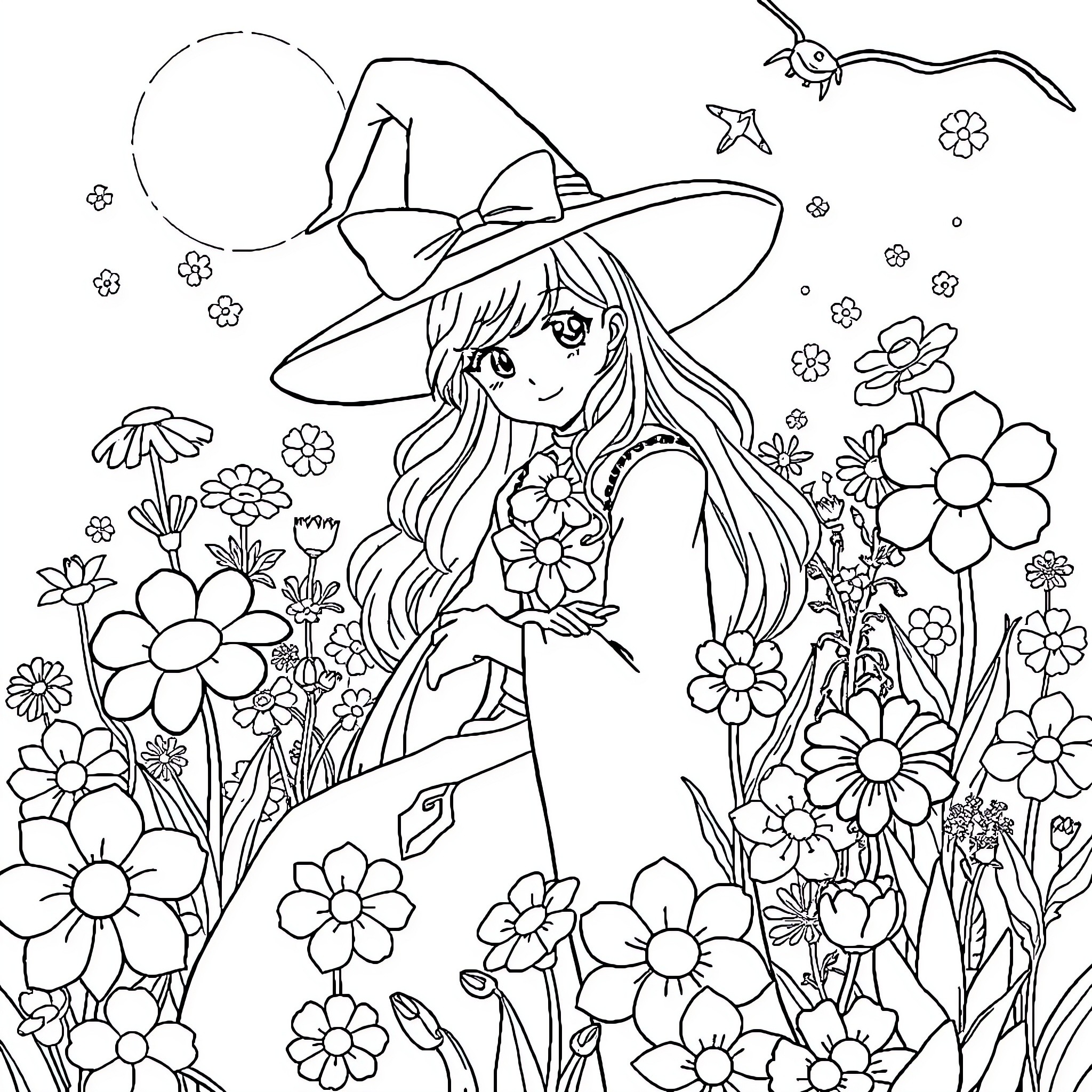 Marie Surrounded by Enchanting Flowers and Whimsical Scenery Coloring Page (free black-and-white line drawing printable PDF for all, from beginners to advanced learners, including children, teens, adults, and seniors)