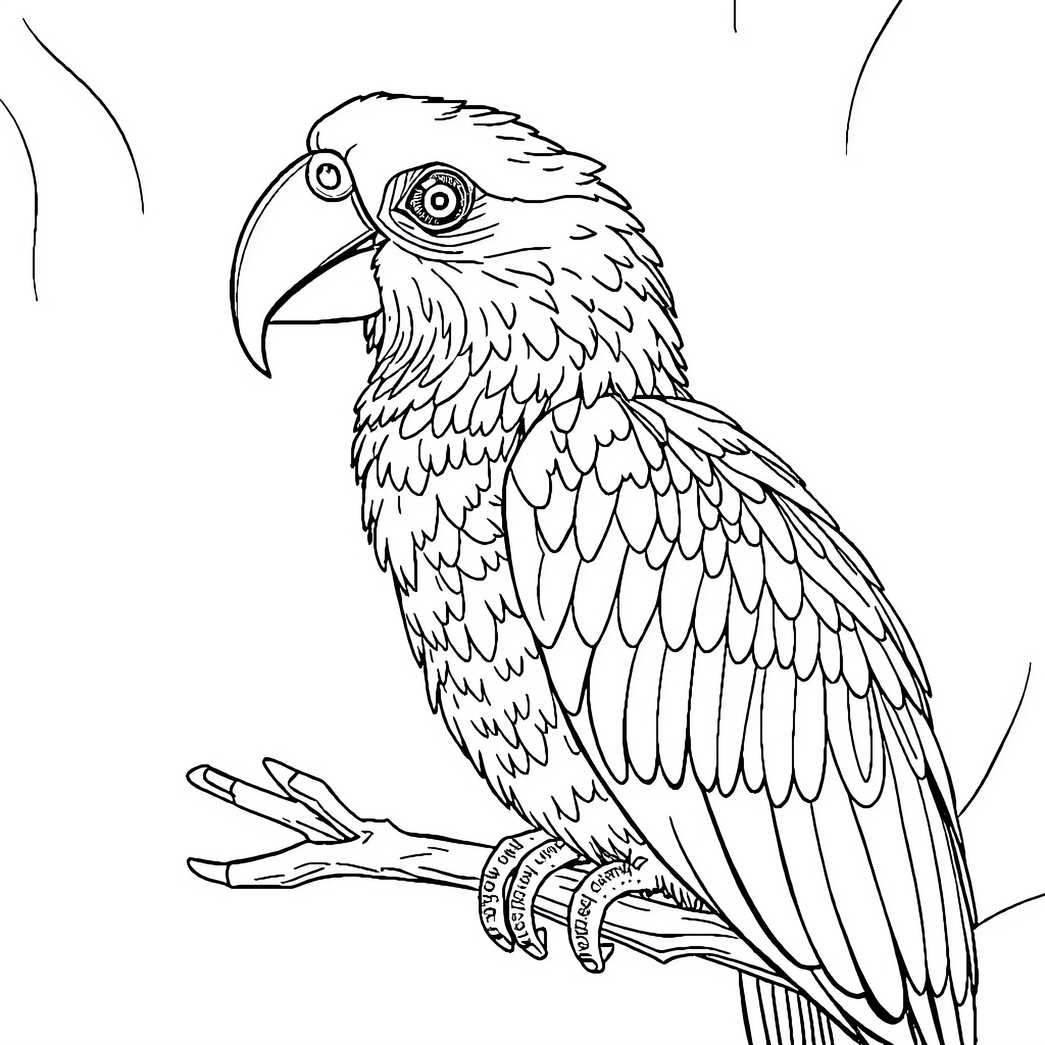 Animal perched on branch with detailed feathers Coloring Page (free black-and-white line drawing printable PDF for all, from beginners to advanced learners, including children, teens, adults, and seniors)