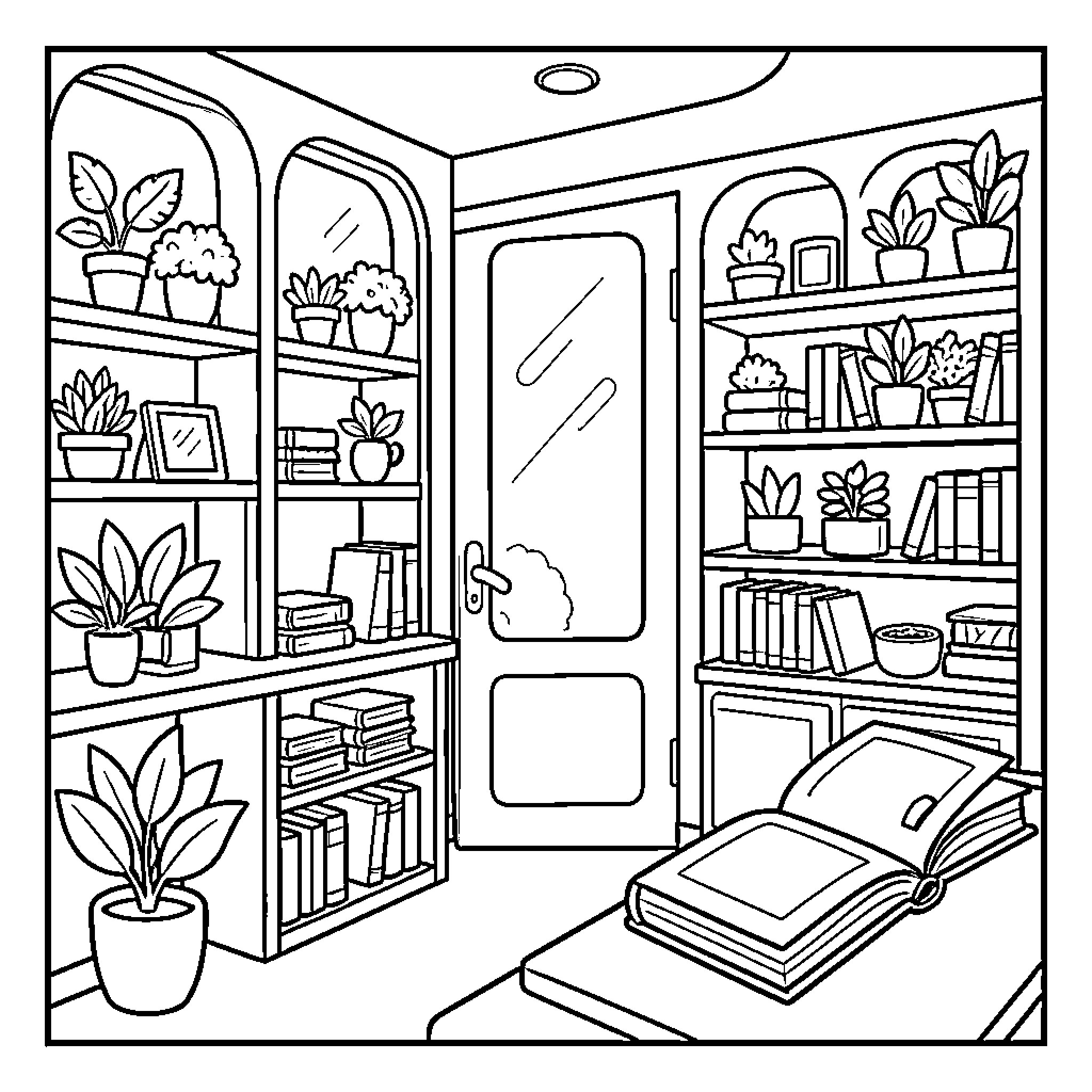 Shop of Cozy Plants and Books Coloring Page (free black-and-white line drawing printable PDF for all, from beginners to advanced learners, including children, teens, adults, and seniors)