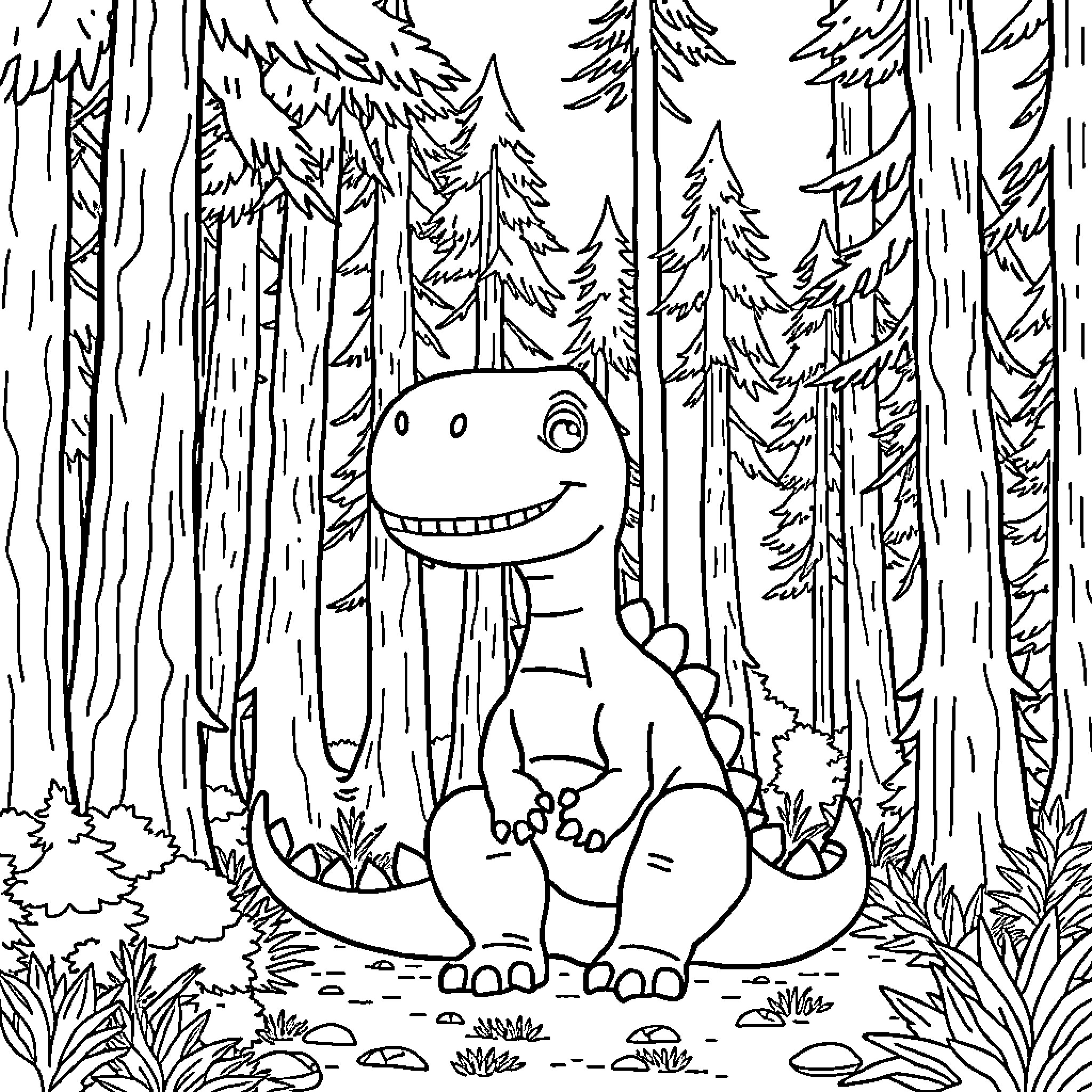 Dino exploring the enchanting forest Coloring Page (free black-and-white line drawing printable PDF for all, from beginners to advanced learners, including children, teens, adults, and seniors)