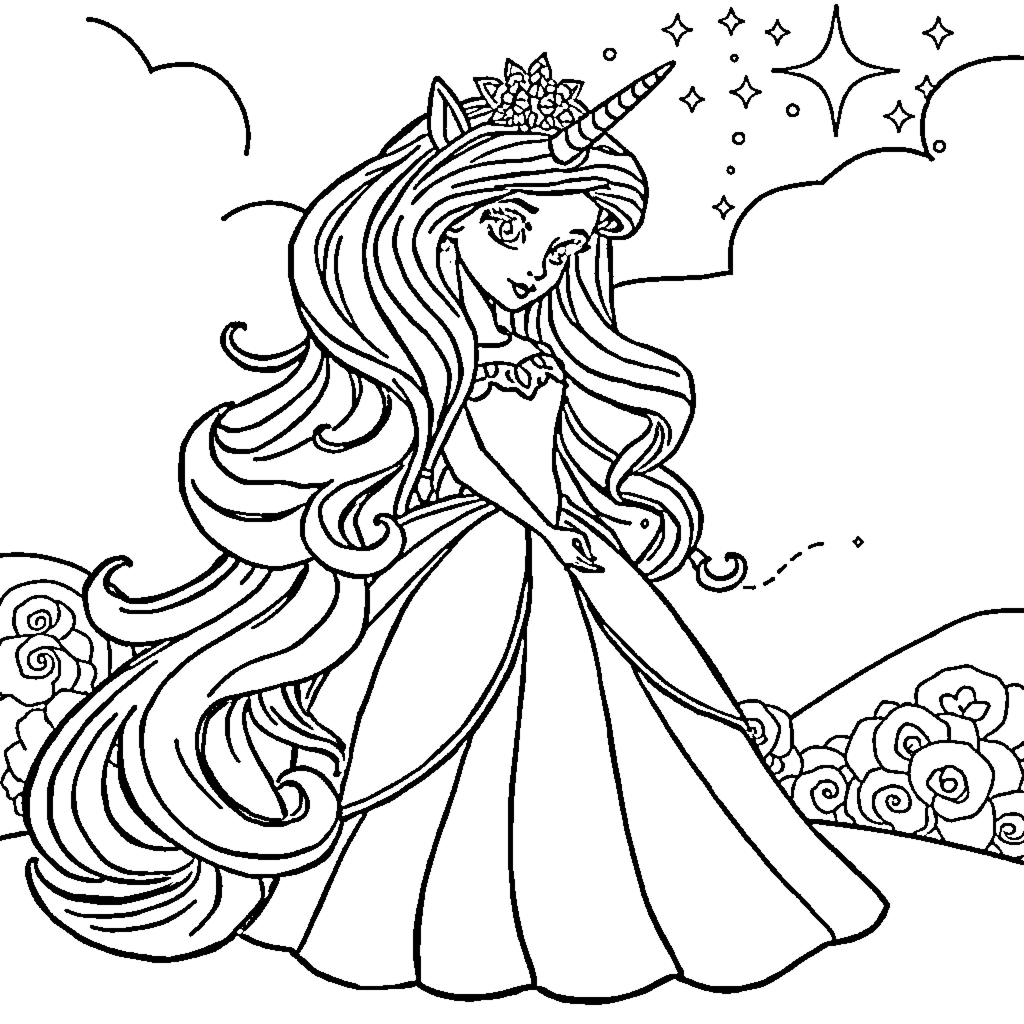 Unicorn princess in a magical dress Coloring Page (free black-and-white line drawing printable PDF for all, from beginners to advanced learners, including children, teens, adults, and seniors)