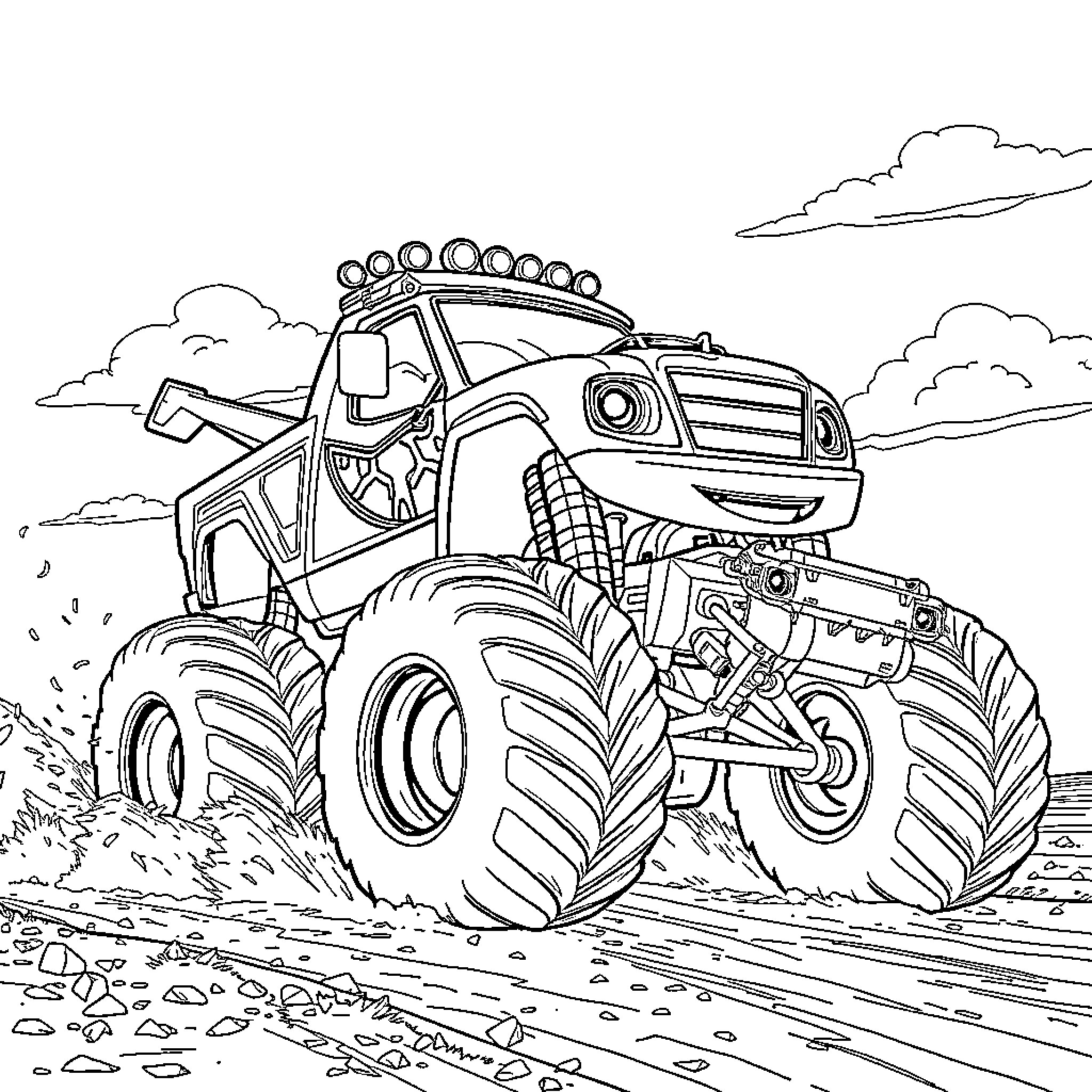 Gravedigger Monster Truck Traversing Rugged Terrain Coloring Page (free black-and-white line drawing printable PDF for all, from beginners to advanced learners, including children, teens, adults, and seniors)