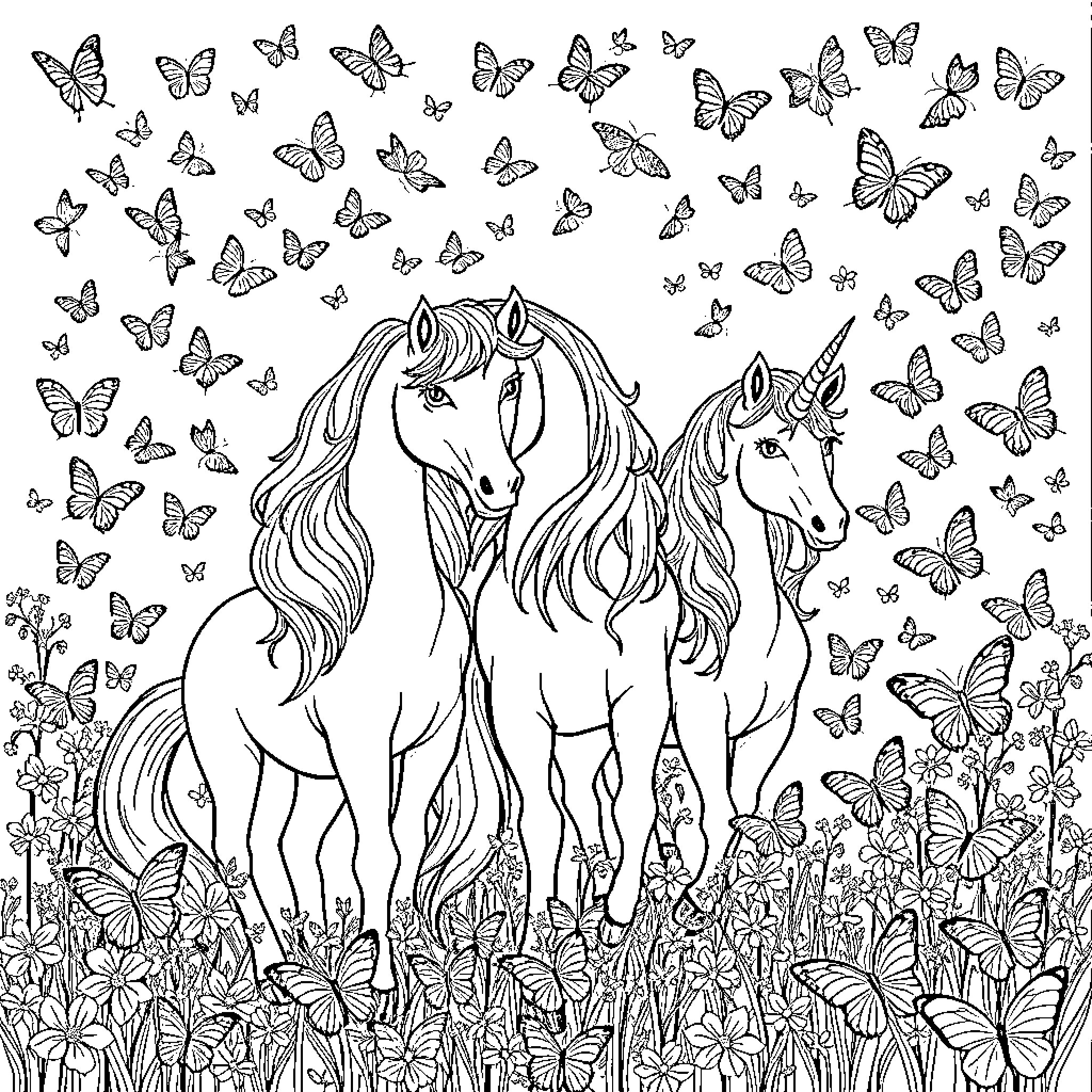 Unicorn duo among butterflies and flowers Coloring Page (free black-and-white line drawing printable PDF for all, from beginners to advanced learners, including children, teens, adults, and seniors)