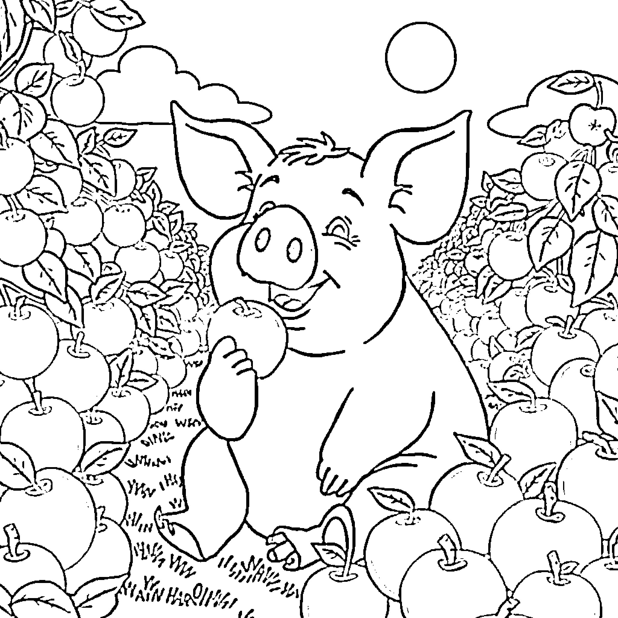 Pig enjoying a day in the orchard Coloring Page (free black-and-white line drawing printable PDF for all, from beginners to advanced learners, including children, teens, adults, and seniors)