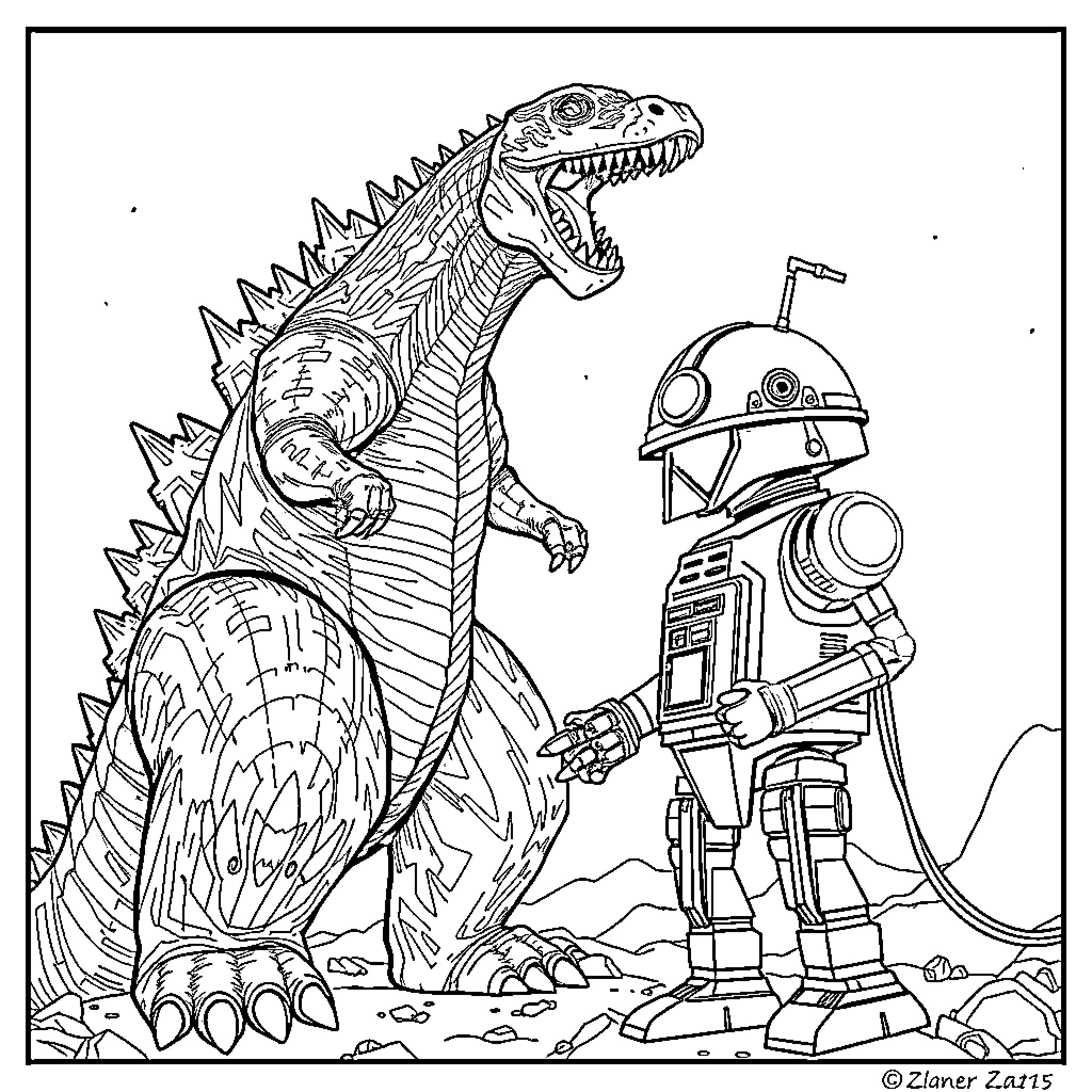 Godzilla battling a futuristic robot in a desert landscape Coloring Page (free black-and-white line drawing printable PDF for all, from beginners to advanced learners, including children, teens, adults, and seniors)