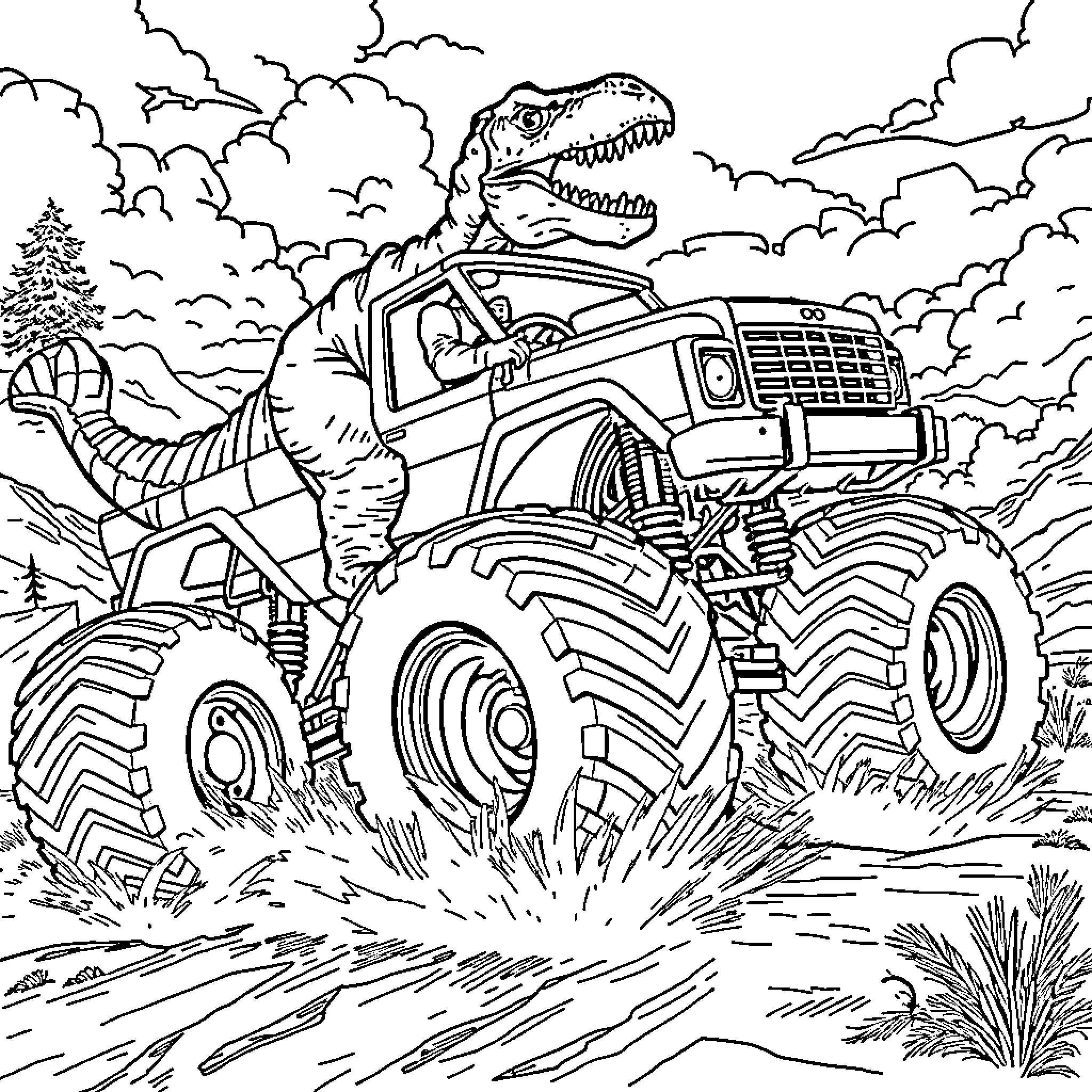 Dinosaur Monster Truck Rides Through Rugged Terrain Coloring Page (free black-and-white line drawing printable PDF for all, from beginners to advanced learners, including children, teens, adults, and seniors)