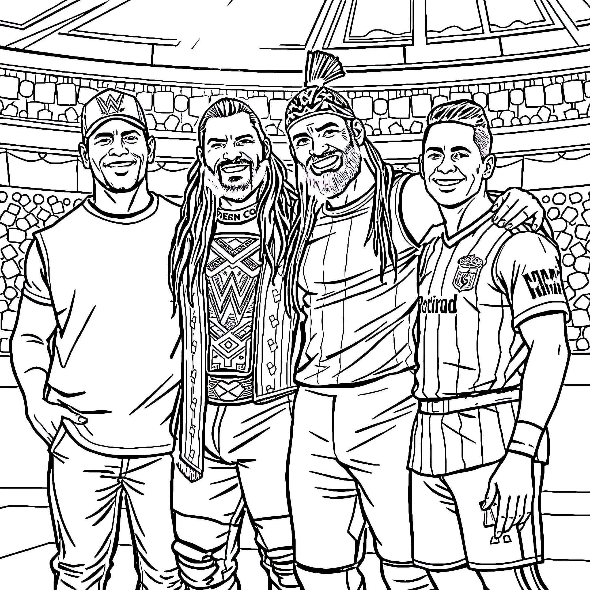 John Cena and Friends Posing Together in a Stadium Coloring Page (free black-and-white line drawing printable PDF for all, from beginners to advanced learners, including children, teens, adults, and seniors)