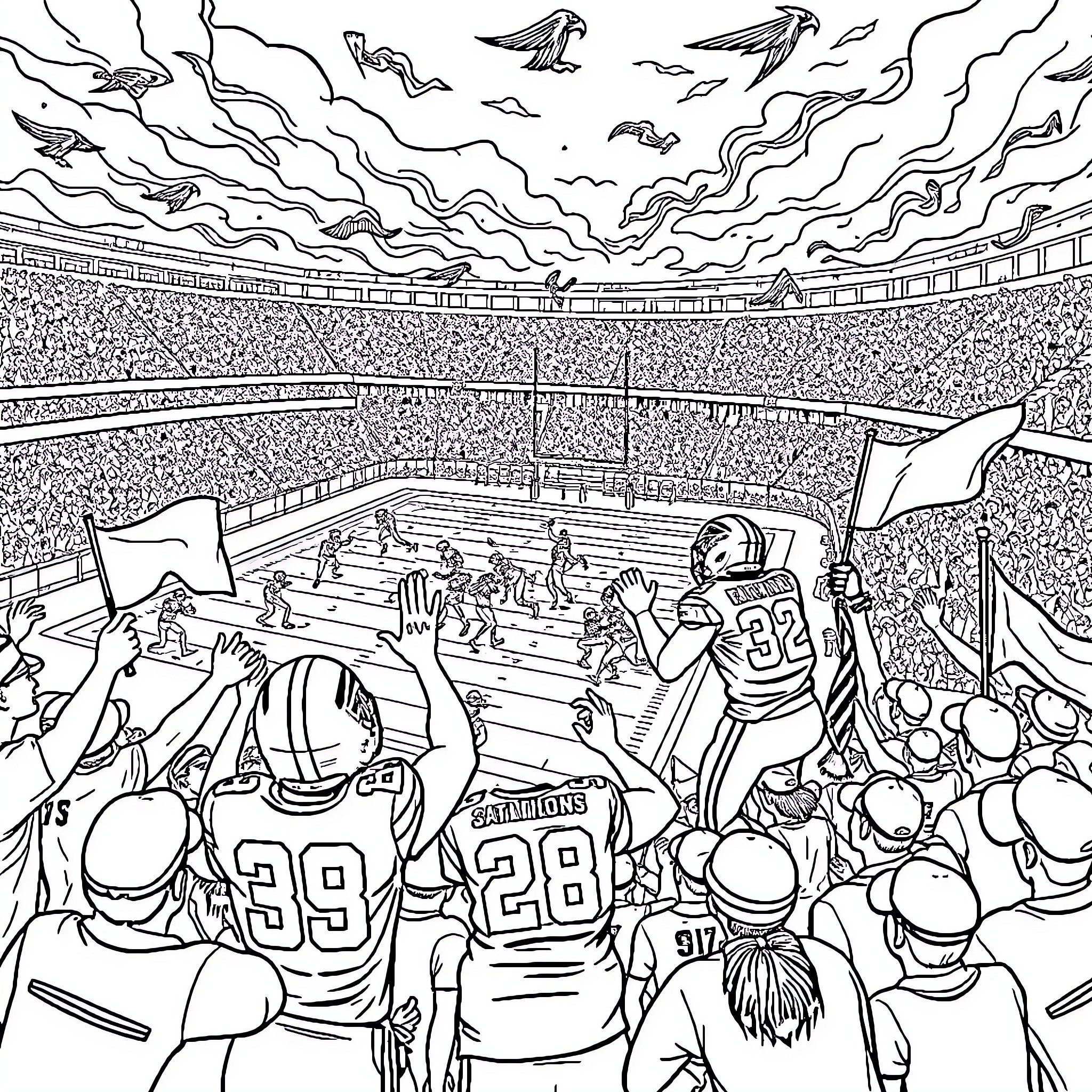 Falcon Football Game in Packed Stadium Coloring Page (free black-and-white line drawing printable PDF for all, from beginners to advanced learners, including children, teens, adults, and seniors)