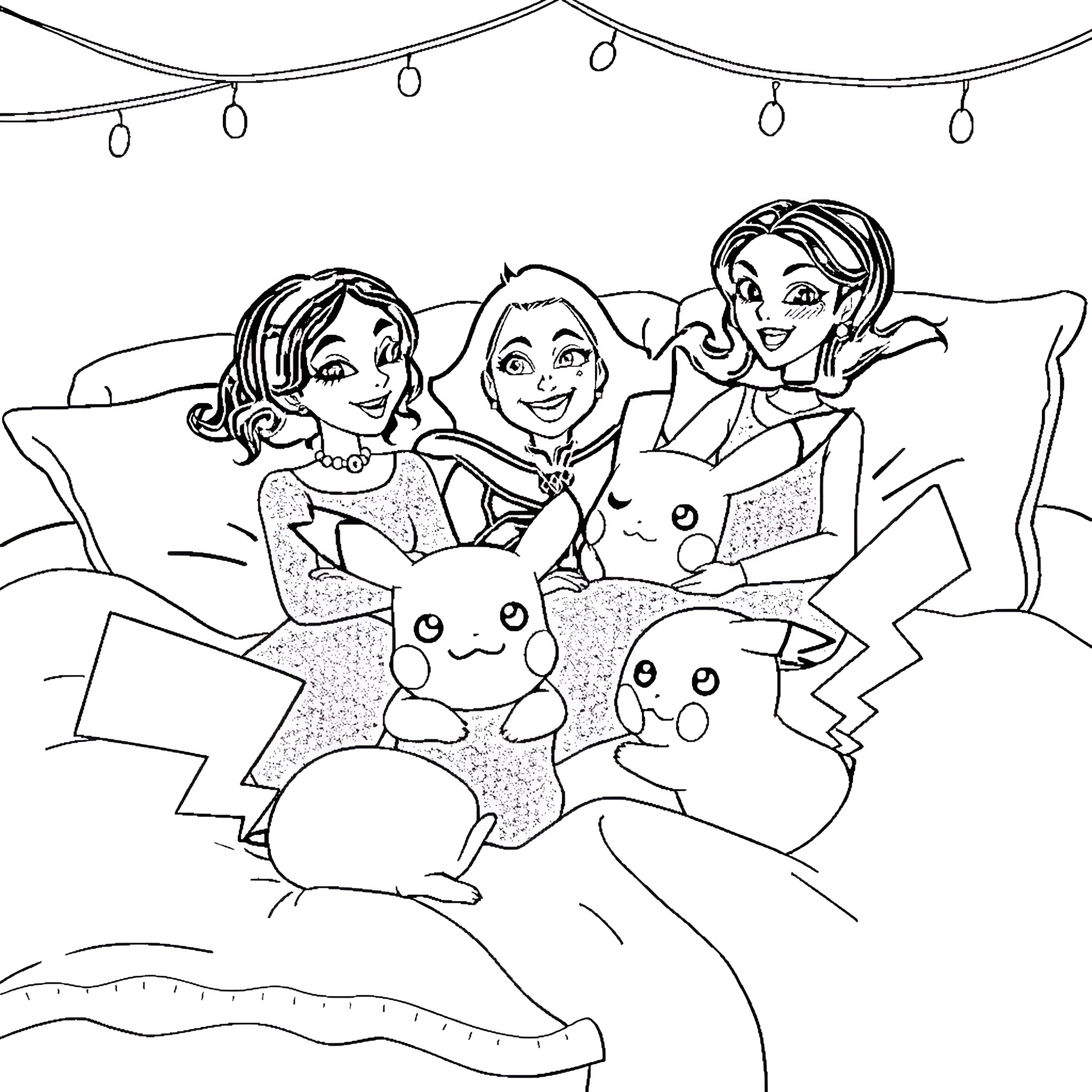Character friends having fun with Pokemon Coloring Page (free black-and-white line drawing printable PDF for all, from beginners to advanced learners, including children, teens, adults, and seniors)