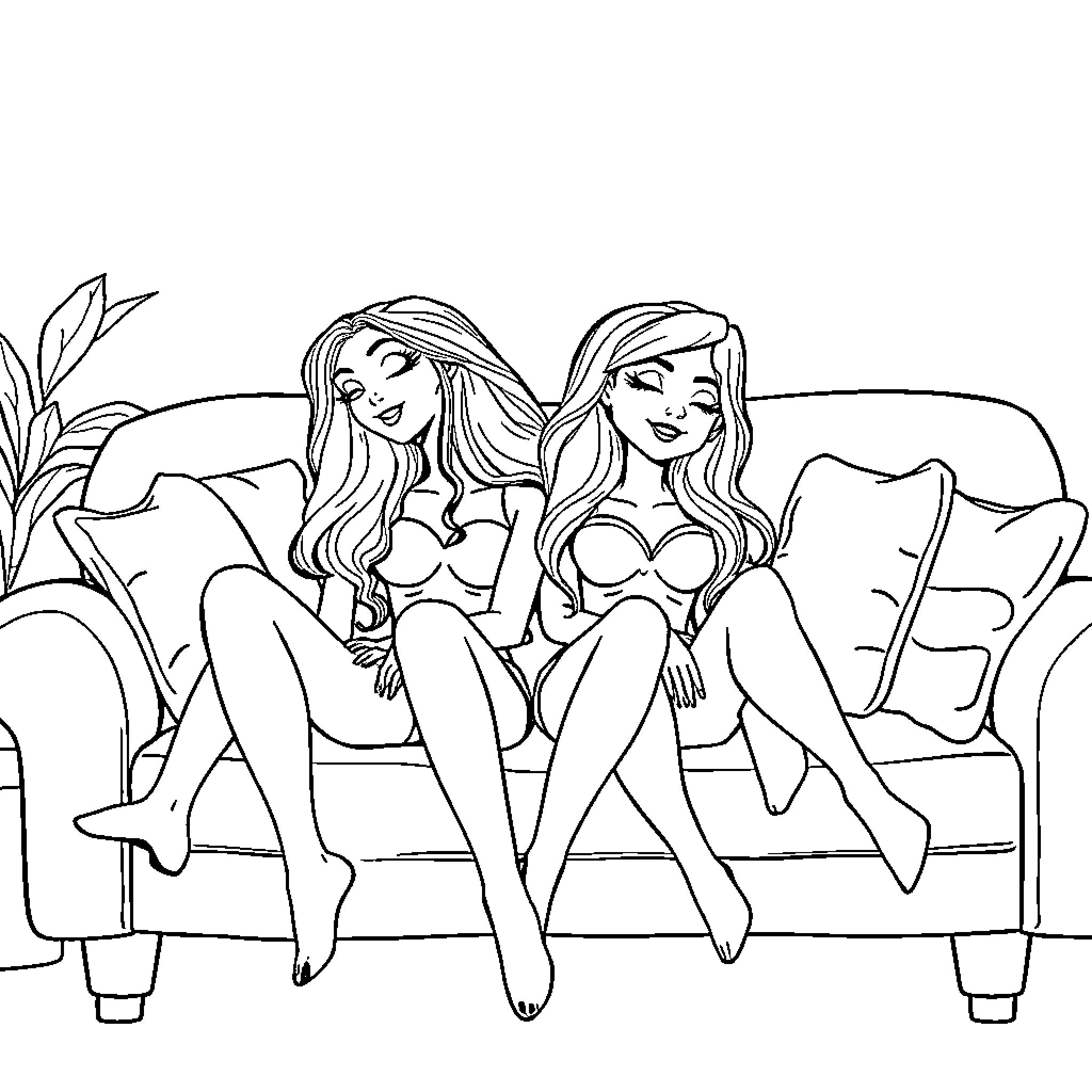 Huntrix Girls Enjoying Casual Conversation Coloring Page (free black-and-white line drawing printable PDF for all, from beginners to advanced learners, including children, teens, adults, and seniors)