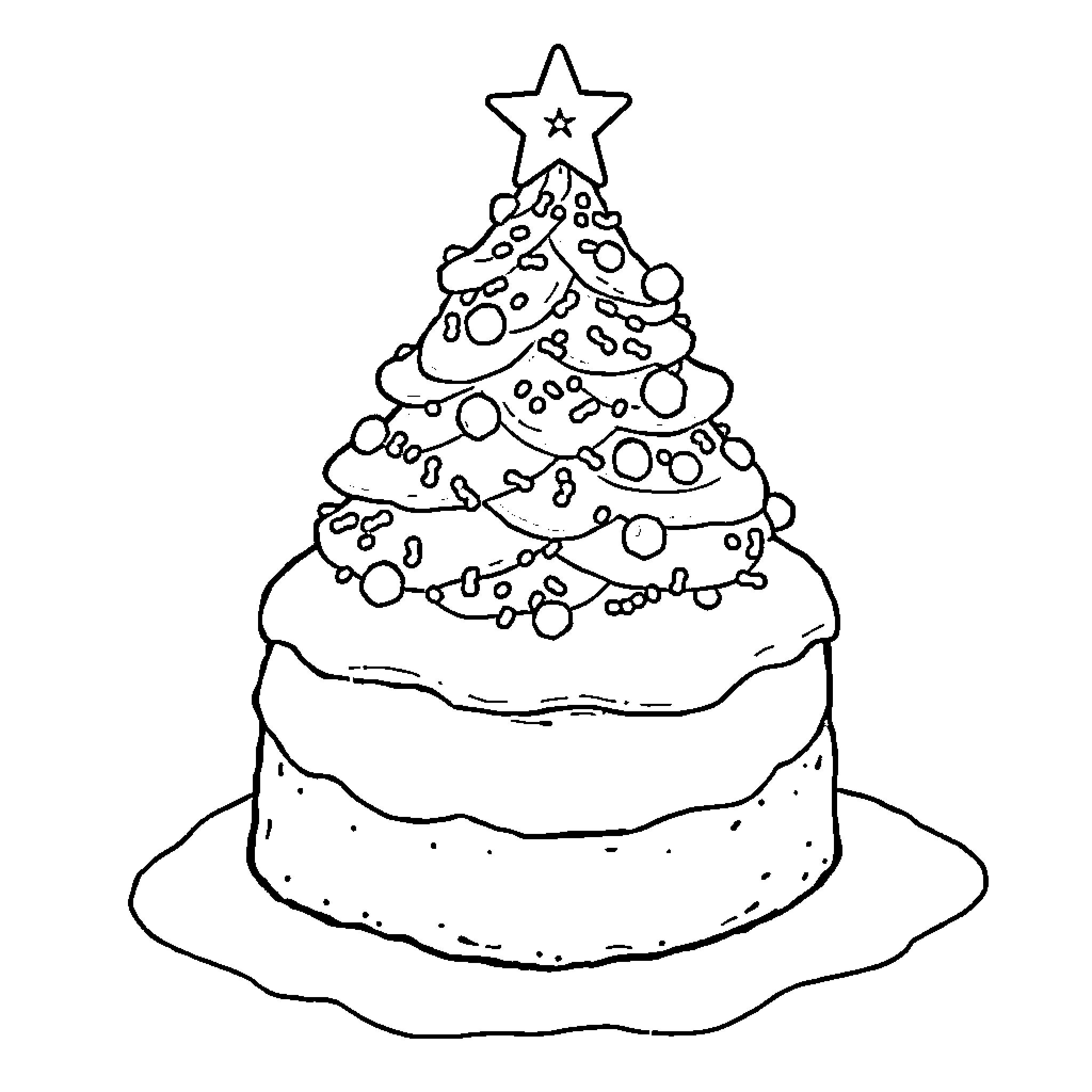 Christmas Tree Cake with Decorations and Star Topper Coloring Page (free black-and-white line drawing printable PDF for all, from beginners to advanced learners, including children, teens, adults, and seniors)