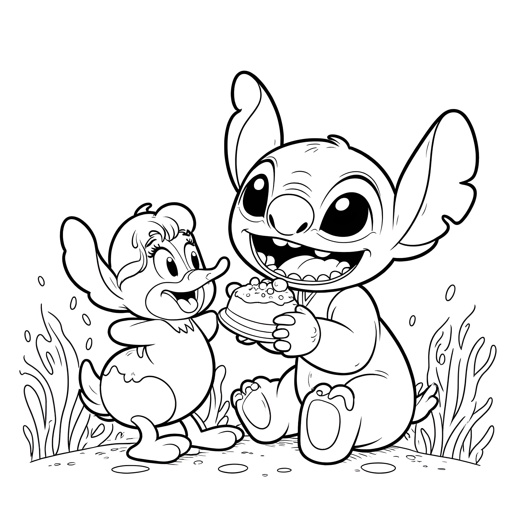 Stitch and Friend Enjoying a Snack Coloring Page (free black-and-white line drawing printable PDF for all, from beginners to advanced learners, including children, teens, adults, and seniors)