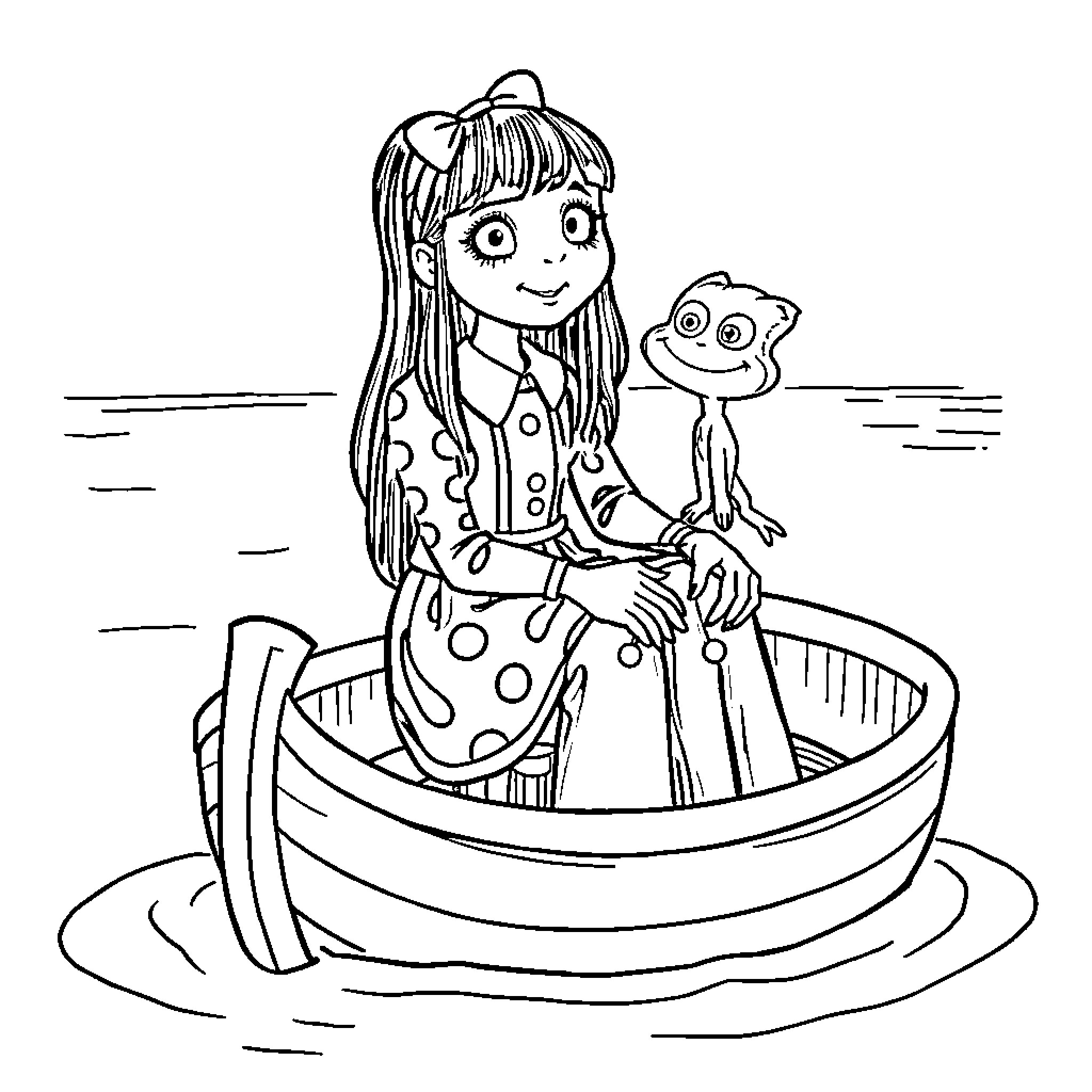 Wednesday Addams enjoying a boat ride with her friend Coloring Page (free black-and-white line drawing printable PDF for all, from beginners to advanced learners, including children, teens, adults, and seniors)