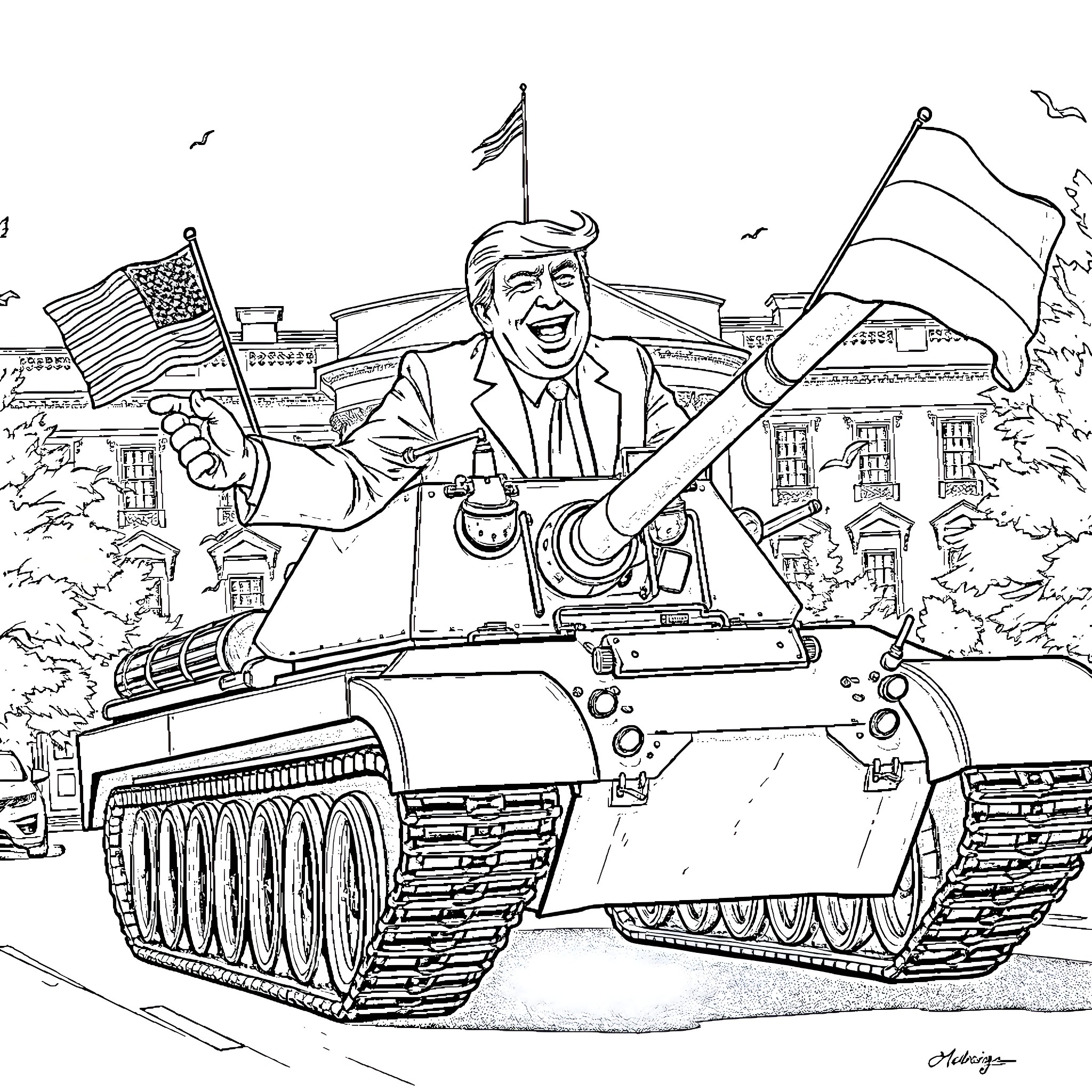 Donald Trump Triumphantly Rides a Tank Outside the White House Coloring Page (free black-and-white line drawing printable PDF for all, from beginners to advanced learners, including children, teens, adults, and seniors)