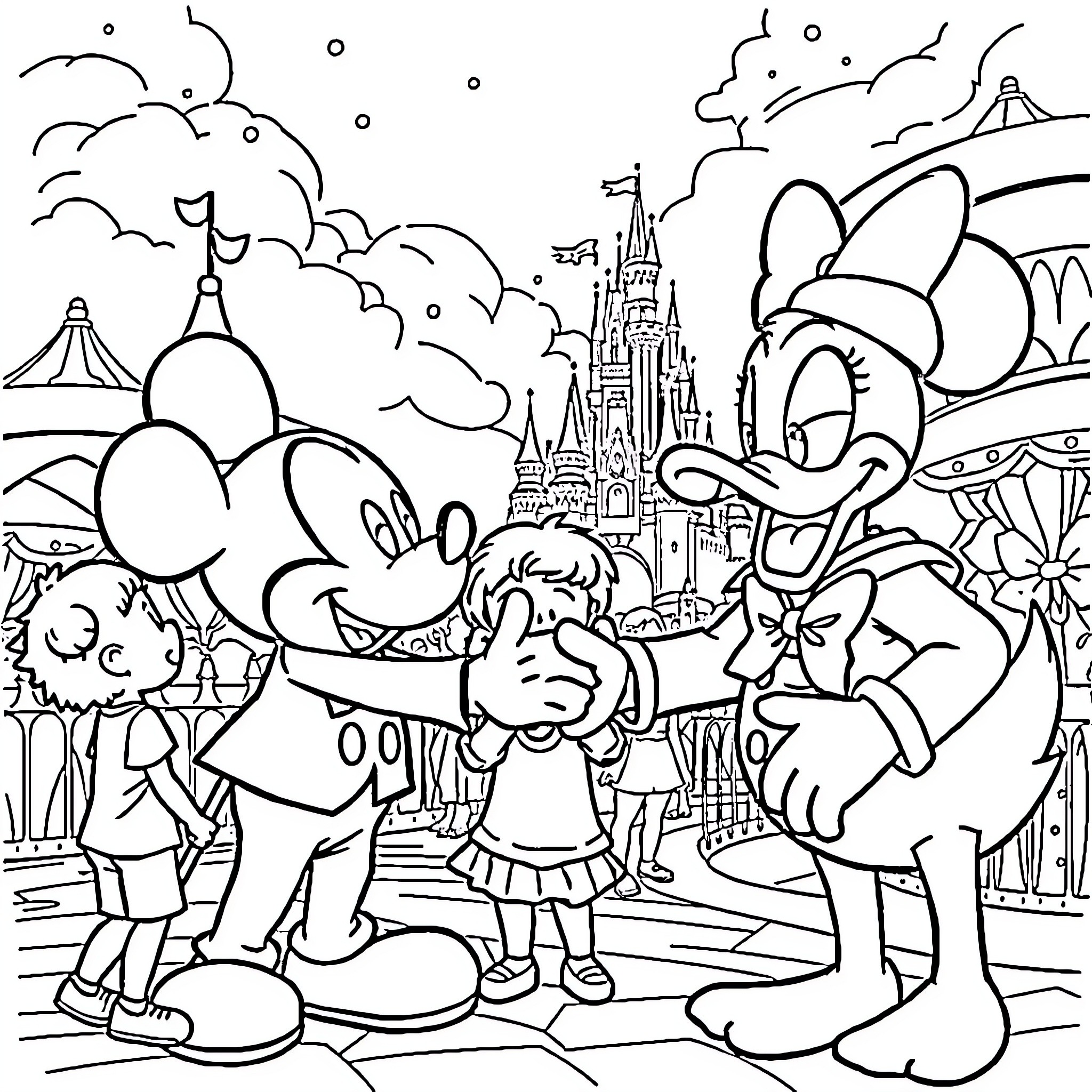 Disney Characters Exploring a Magical Fantasy Kingdom Coloring Page (free black-and-white line drawing printable PDF for all, from beginners to advanced learners, including children, teens, adults, and seniors)