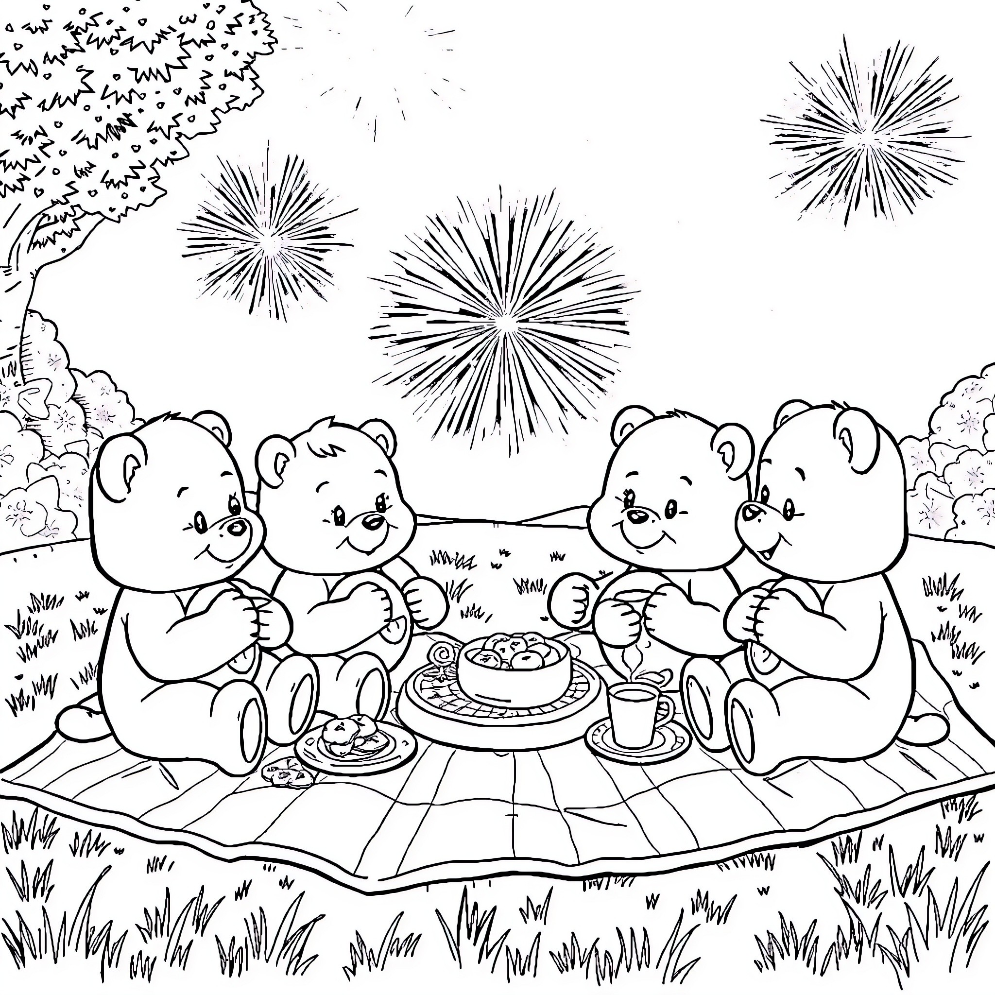 Carebear friends having a picnic under fireworks Coloring Page (free black-and-white line drawing printable PDF for all, from beginners to advanced learners, including children, teens, adults, and seniors)