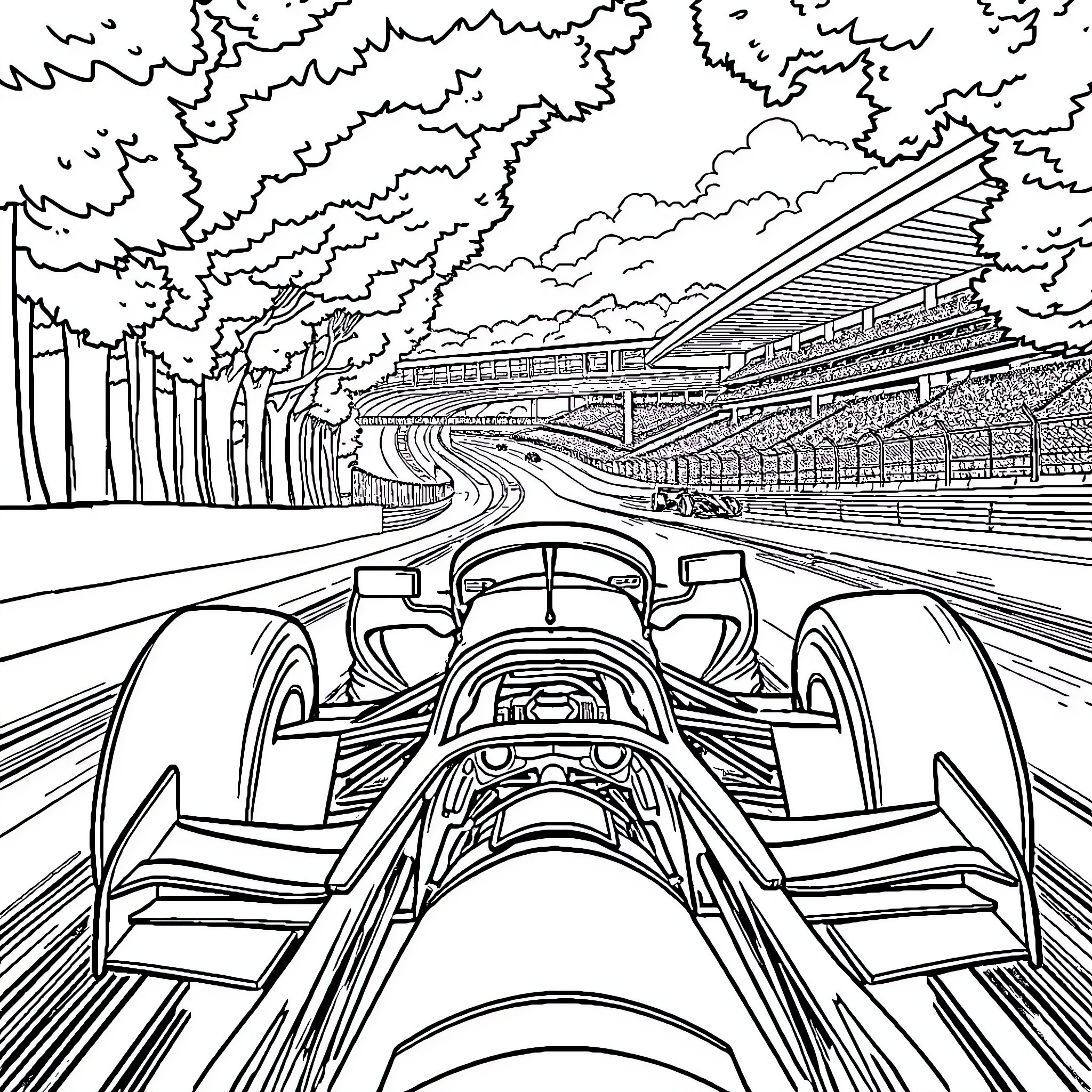 Formula 1 Race Track Viewed from Car Cockpit Coloring Page (free black-and-white line drawing printable PDF for all, from beginners to advanced learners, including children, teens, adults, and seniors)
