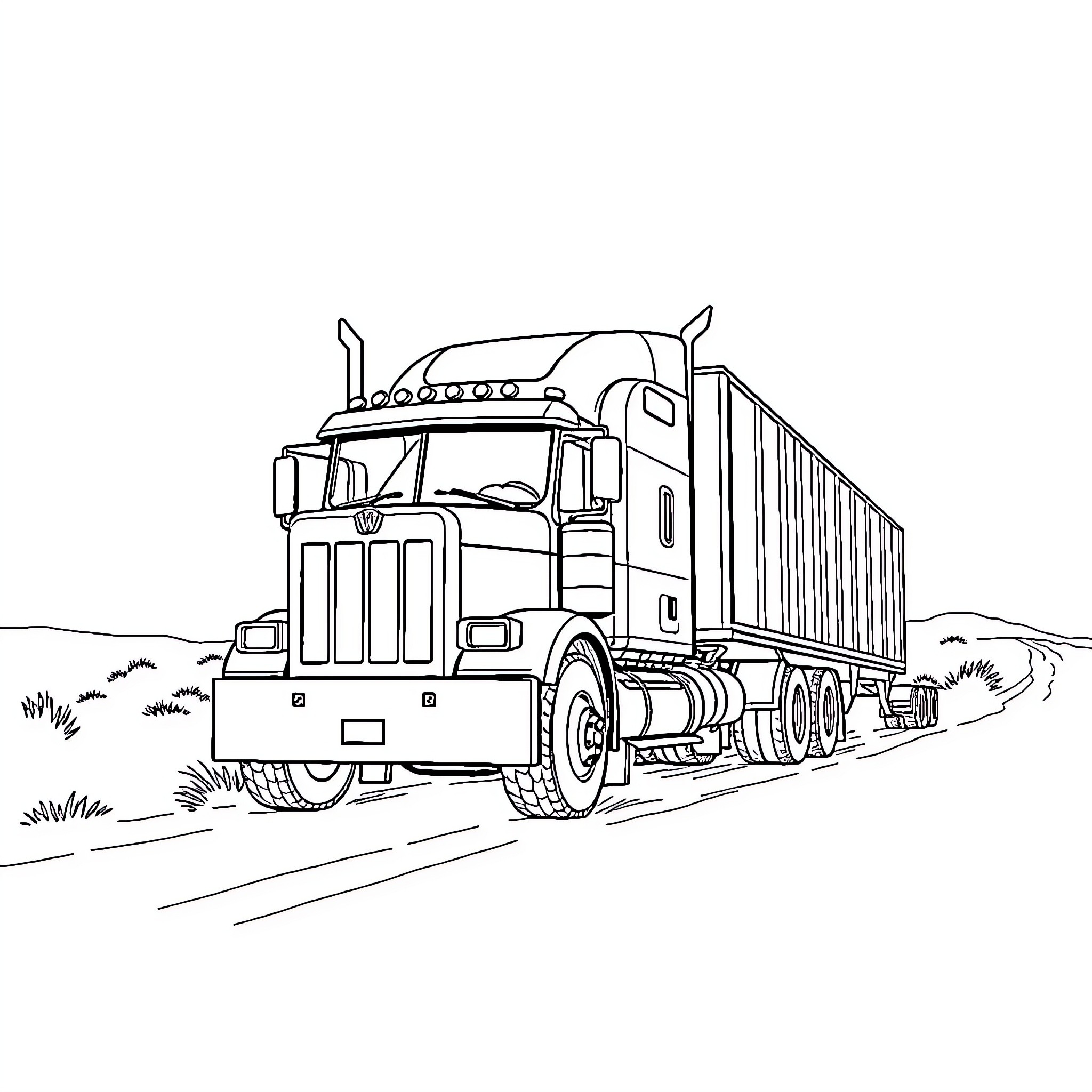 Truck transporting goods on the open road Coloring Page (free black-and-white line drawing printable PDF for all, from beginners to advanced learners, including children, teens, adults, and seniors)