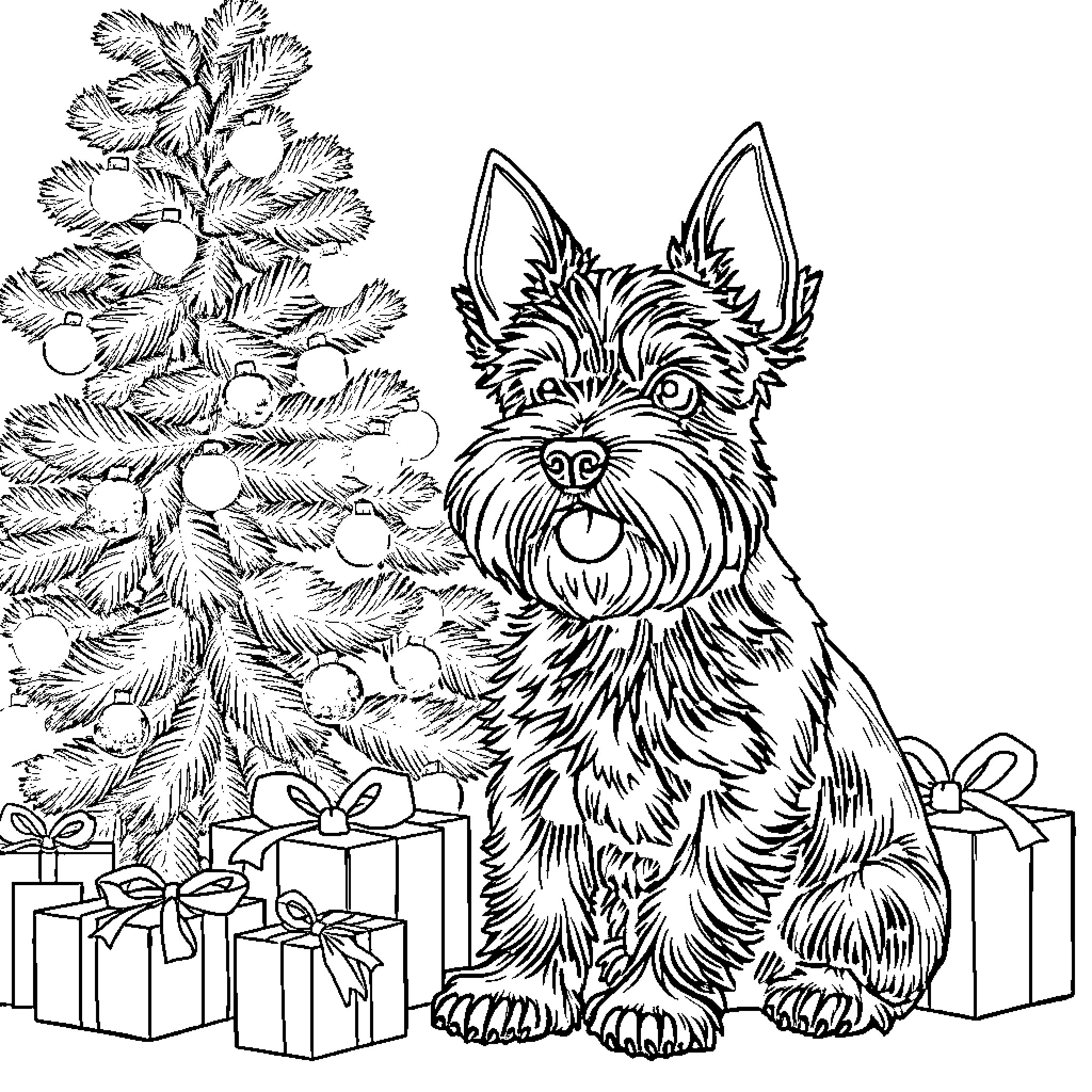 Schnauzer celebrating Christmas with presents and tree Coloring Page (free black-and-white line drawing printable PDF for all, from beginners to advanced learners, including children, teens, adults, and seniors)