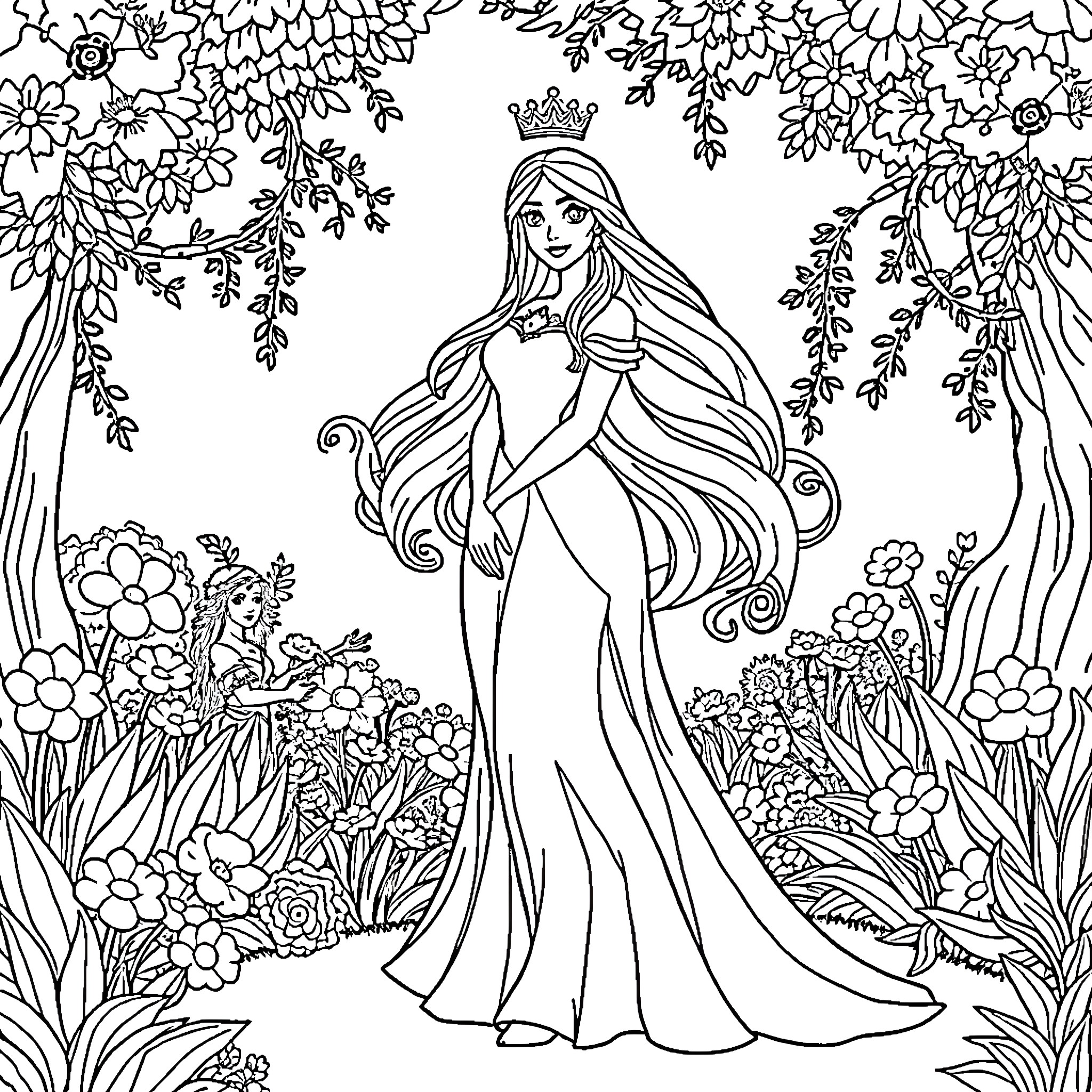 Princess in a Magical Floral Garden Coloring Page (free black-and-white line drawing printable PDF for all, from beginners to advanced learners, including children, teens, adults, and seniors)