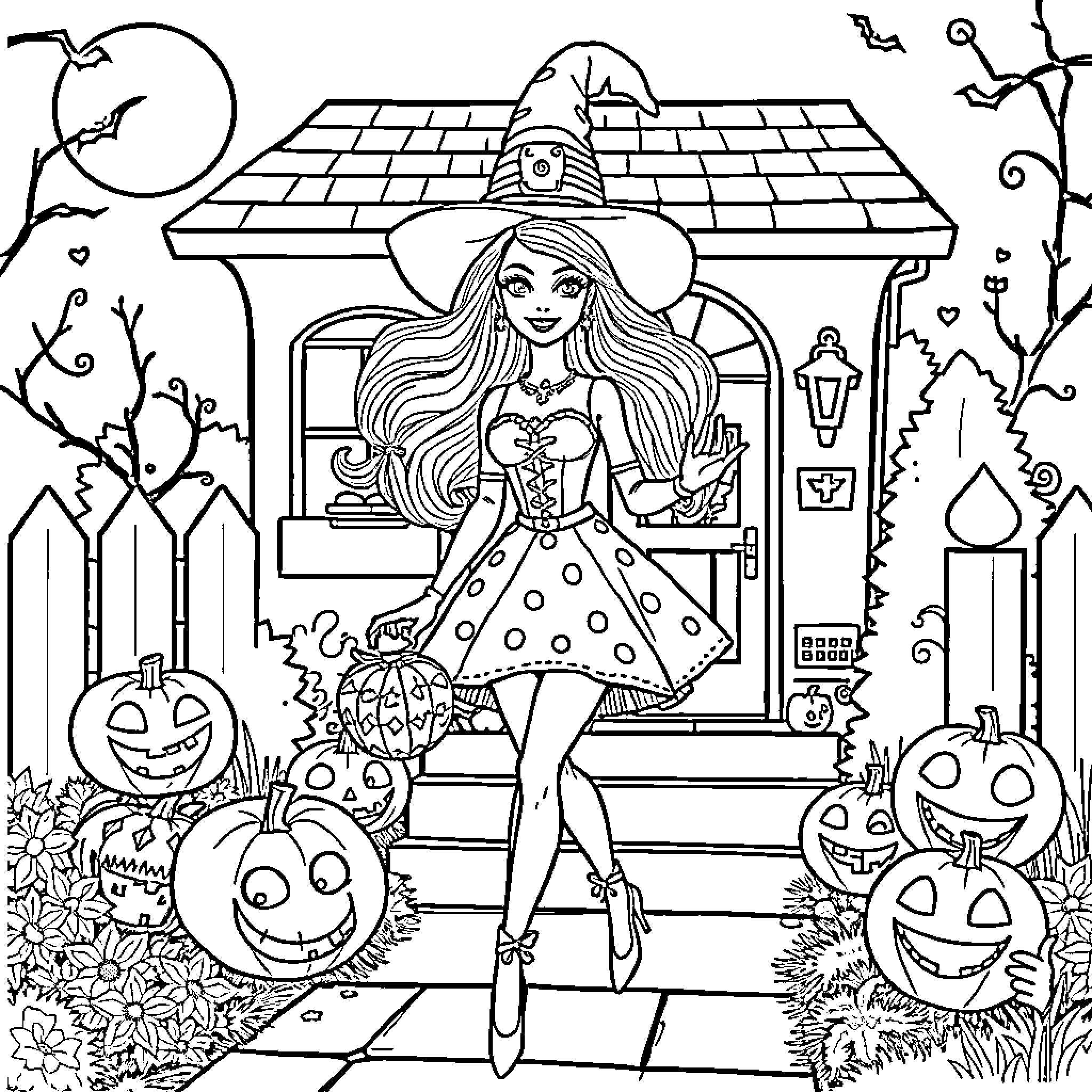 Barbie Celebrating Halloween at Her Cottage Coloring Page (free black-and-white line drawing printable PDF for all, from beginners to advanced learners, including children, teens, adults, and seniors)