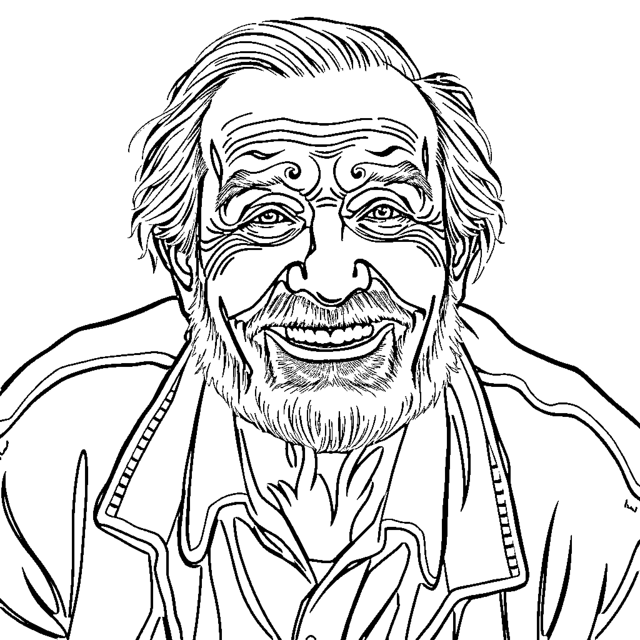 Old Cheerful Gentleman's Expressive Portrait Coloring Page (free black-and-white line drawing printable PDF for all, from beginners to advanced learners, including children, teens, adults, and seniors)