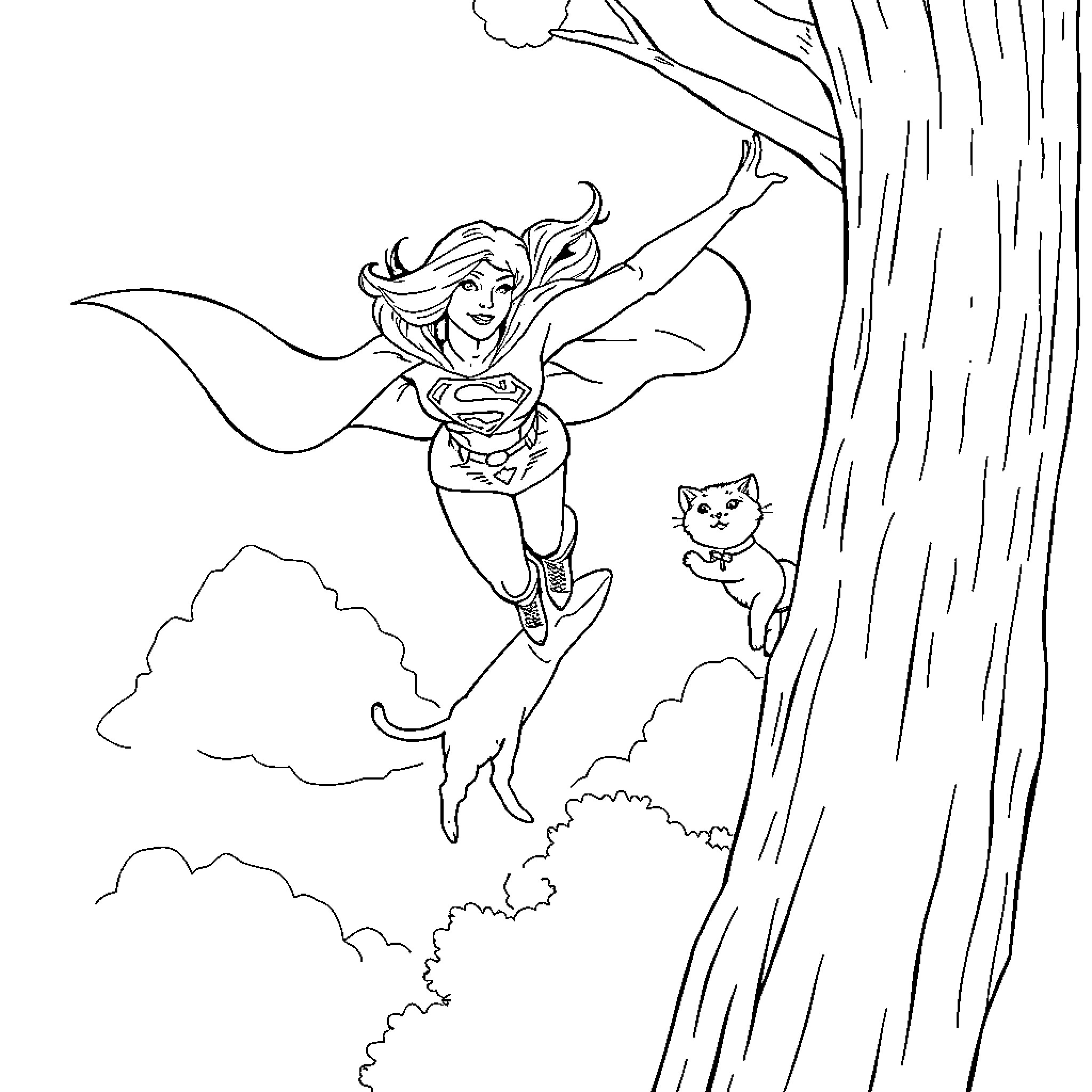 Supergirl soaring with determination and a furry friend Coloring Page (free black-and-white line drawing printable PDF for all, from beginners to advanced learners, including children, teens, adults, and seniors)
