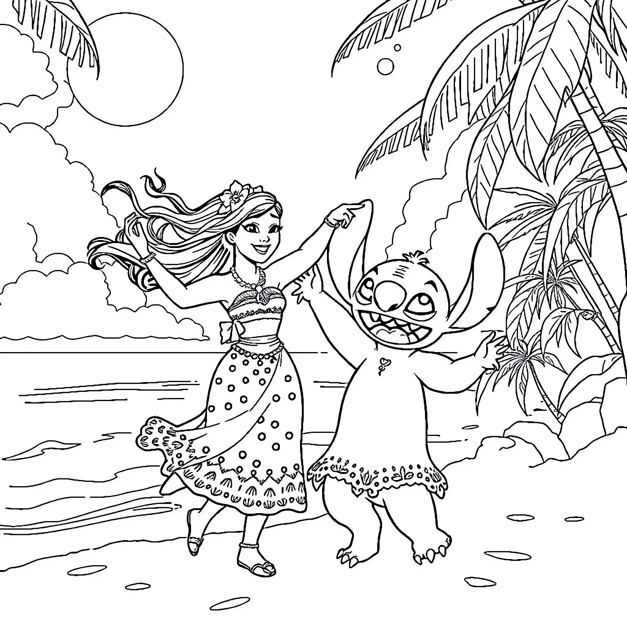 Moana dancing joyfully with Pua the pig in the tropical paradise Coloring Page (free black-and-white line drawing printable PDF for all, from beginners to advanced learners, including children, teens, adults, and seniors)