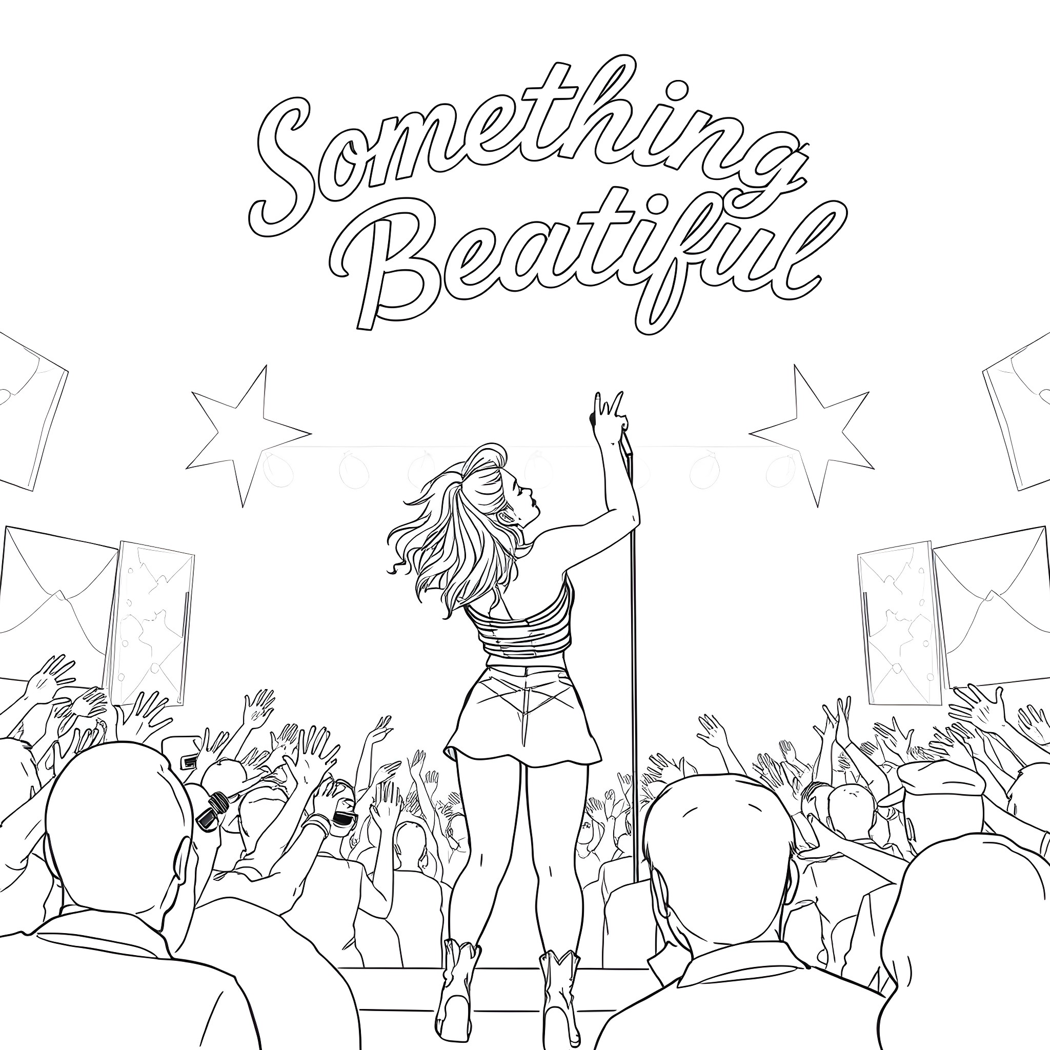 Miley Cyrus performing on stage with a crowd Coloring Page (free black-and-white line drawing printable PDF for all, from beginners to advanced learners, including children, teens, adults, and seniors)