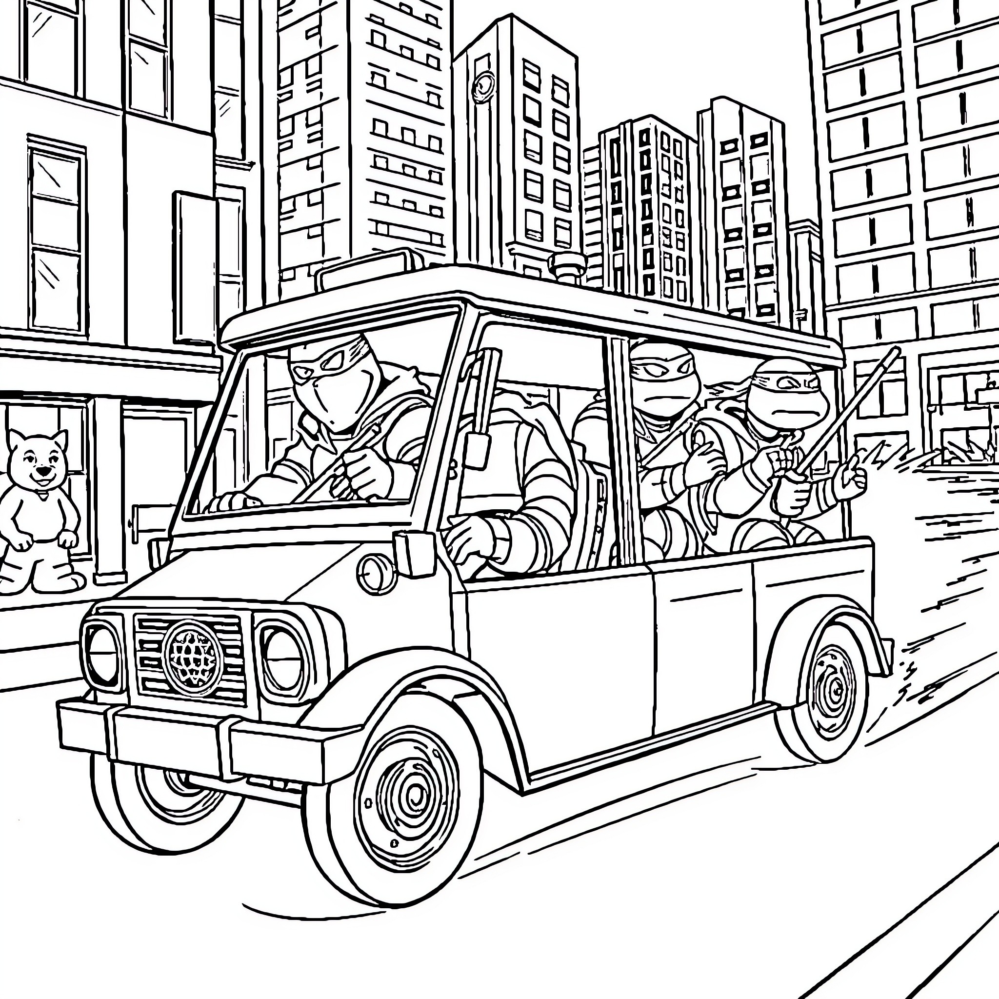 Tortue Ninja Crew Riding in a Vehicle Through the City Coloring Page (free black-and-white line drawing printable PDF for all, from beginners to advanced learners, including children, teens, adults, and seniors)