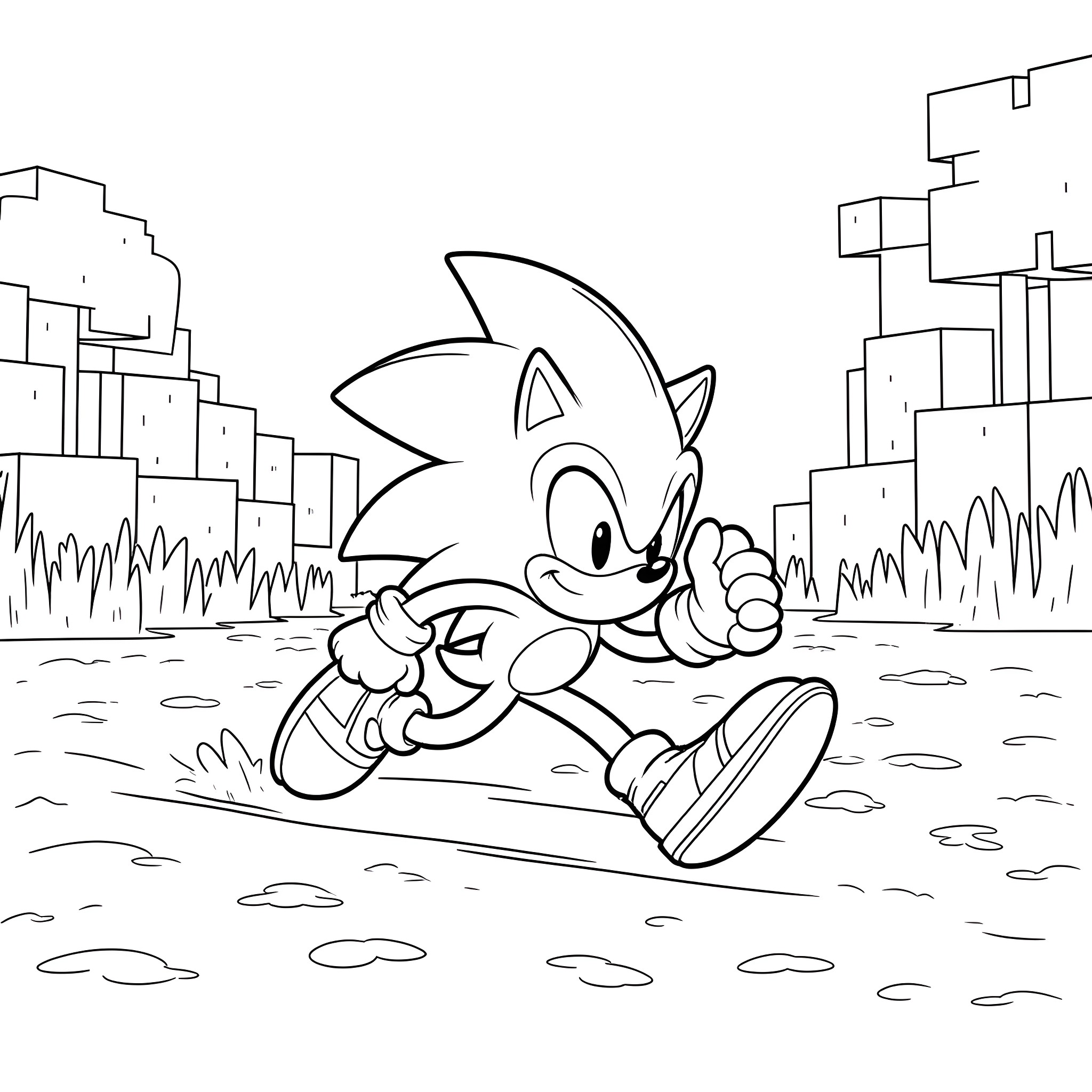 Sonic Running Through Cityscape Coloring Page (free black-and-white line drawing printable PDF for all, from beginners to advanced learners, including children, teens, adults, and seniors)